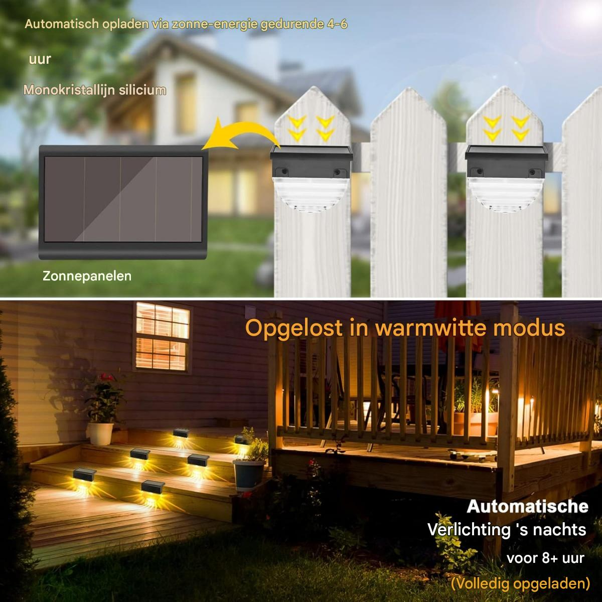 Solarpanel und Zaunlicht, Treppenbeleuchtung bei Nacht.