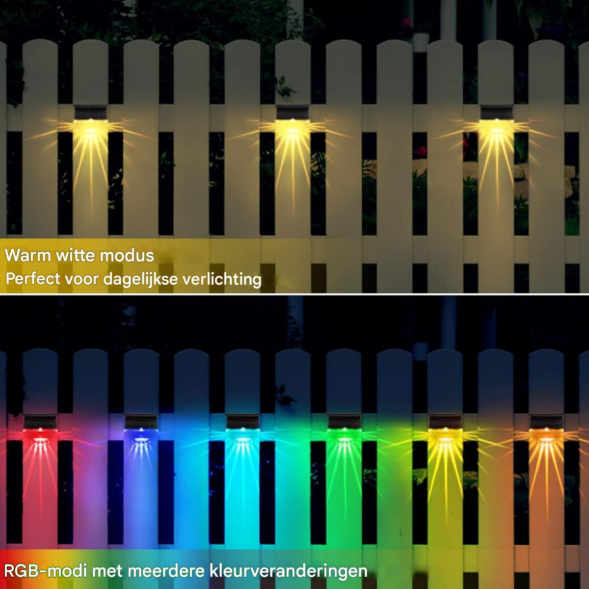 Weiße Zäune mit solarbetriebenen Lichtern, die warmweiß und RGB-Licht ausstrahlen.
