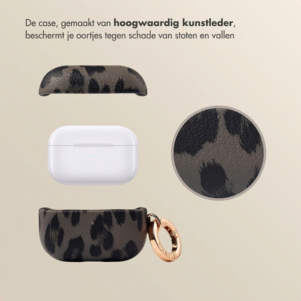 A white charging case, a leopard print case, and a close-up of the material.