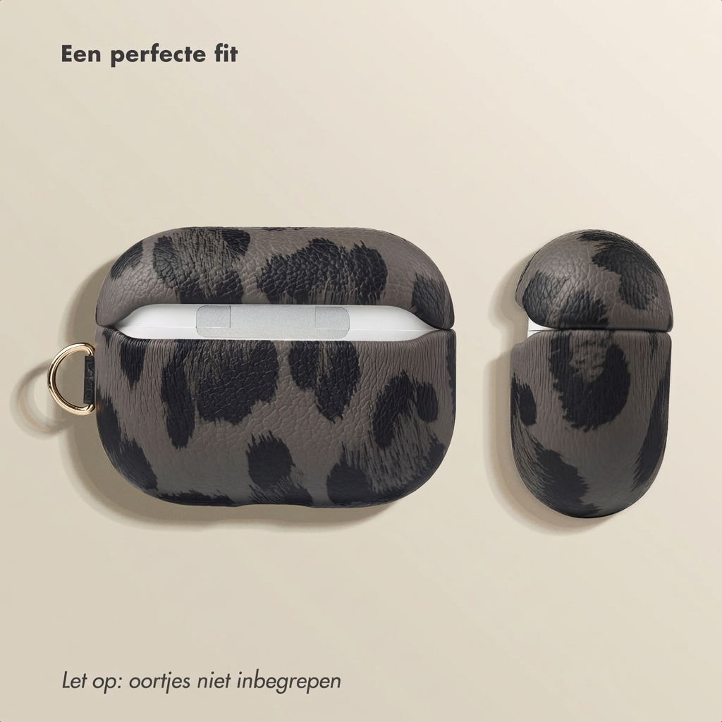 Leopard print case for AirPods Pro, open and closed.