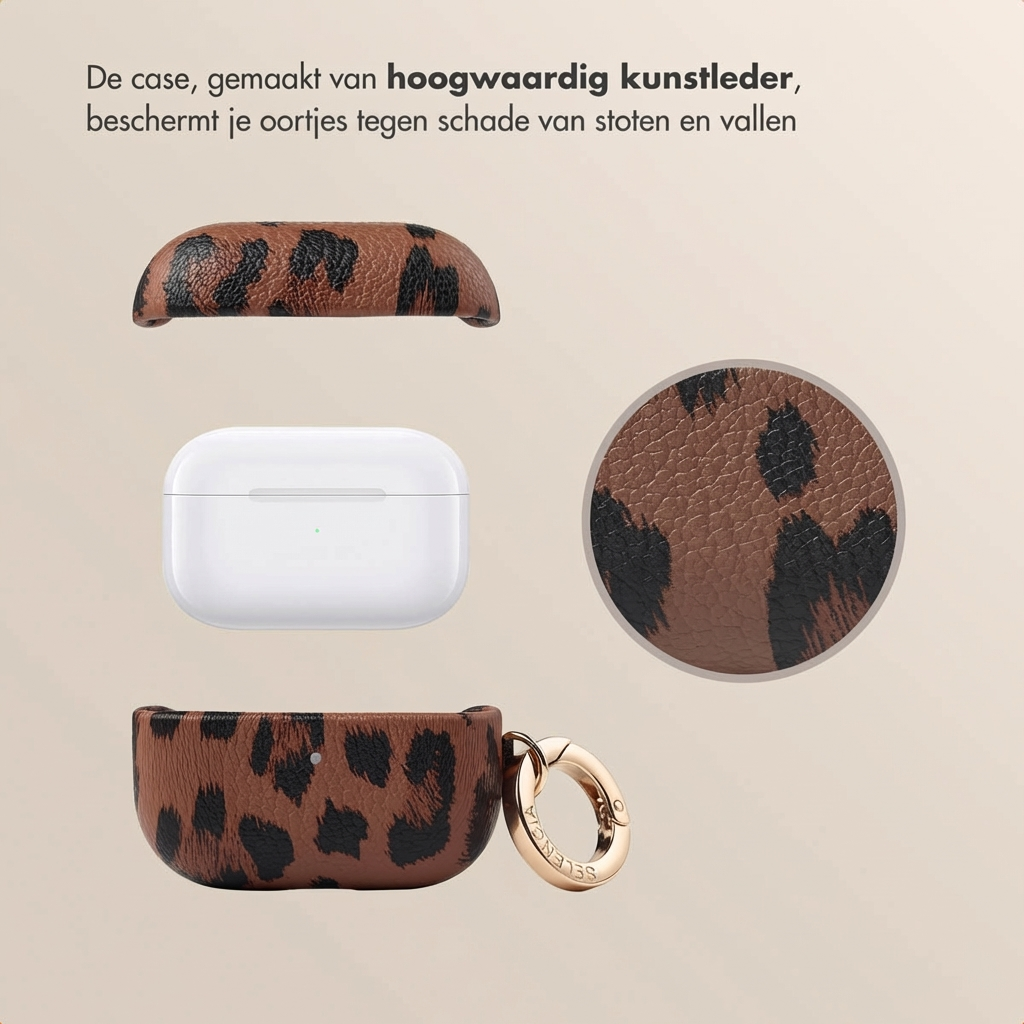A white earbud charging case with a leopard print protective cover shown in two parts.