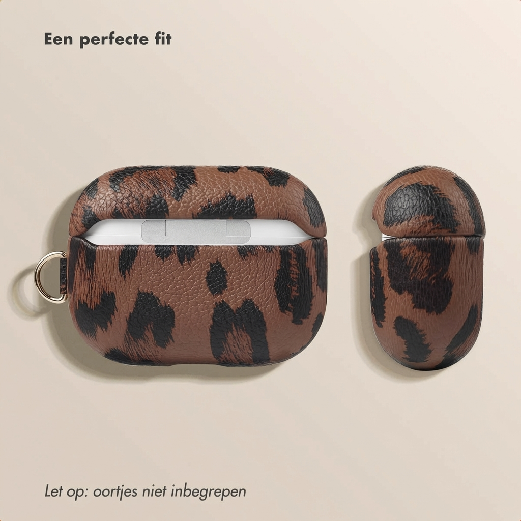 Brown leopard print AirPods case with gold ring. Left open, right closed. A perfect fit.