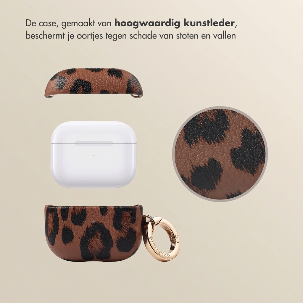 A white earbud charging case next to a leopard print protective case.