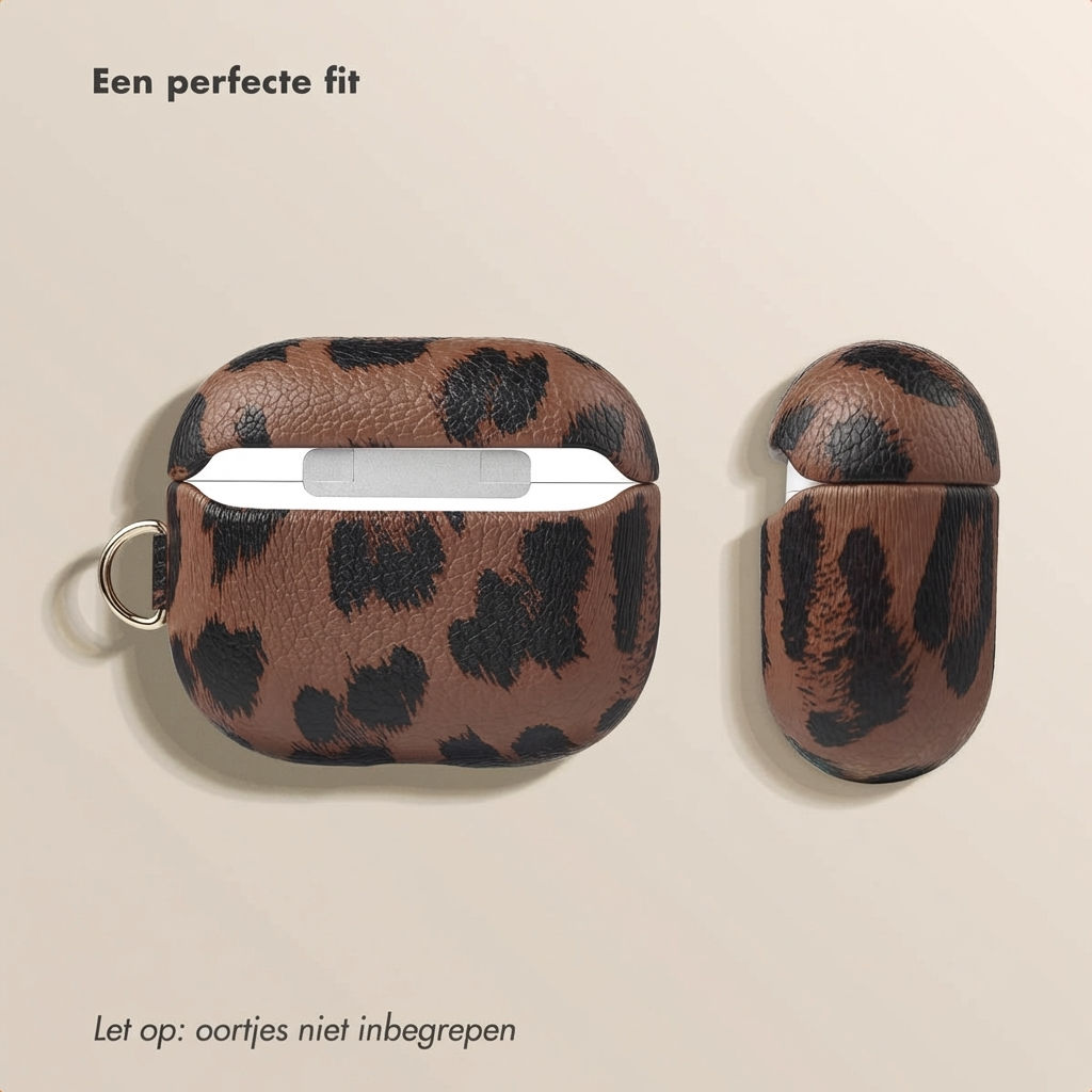 Brown leopard print case with open and closed AirPods case.
