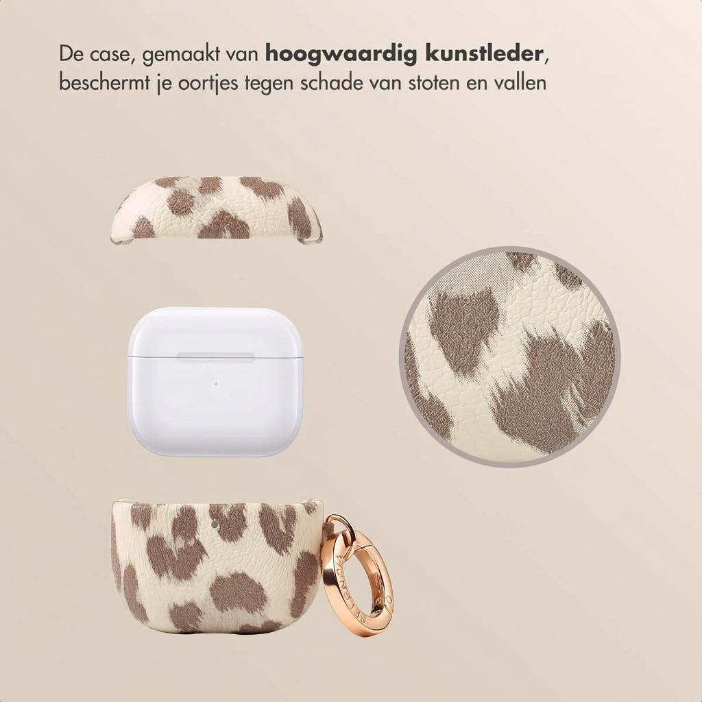 Custodia bianca per AirPods con stampa leopardata e chiusura dorata.