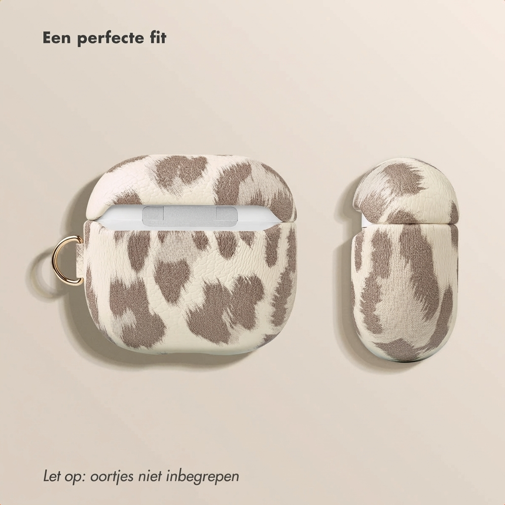 Due custodie AirPods con stampa leopardata su sfondo beige chiaro.