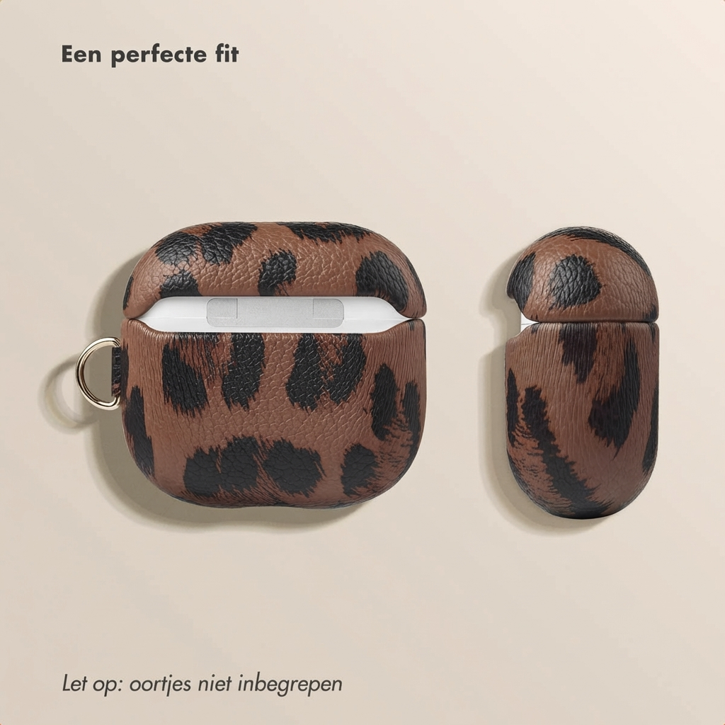 Custodia AirPods marrone con stampa leopardata, aperta e chiusa.