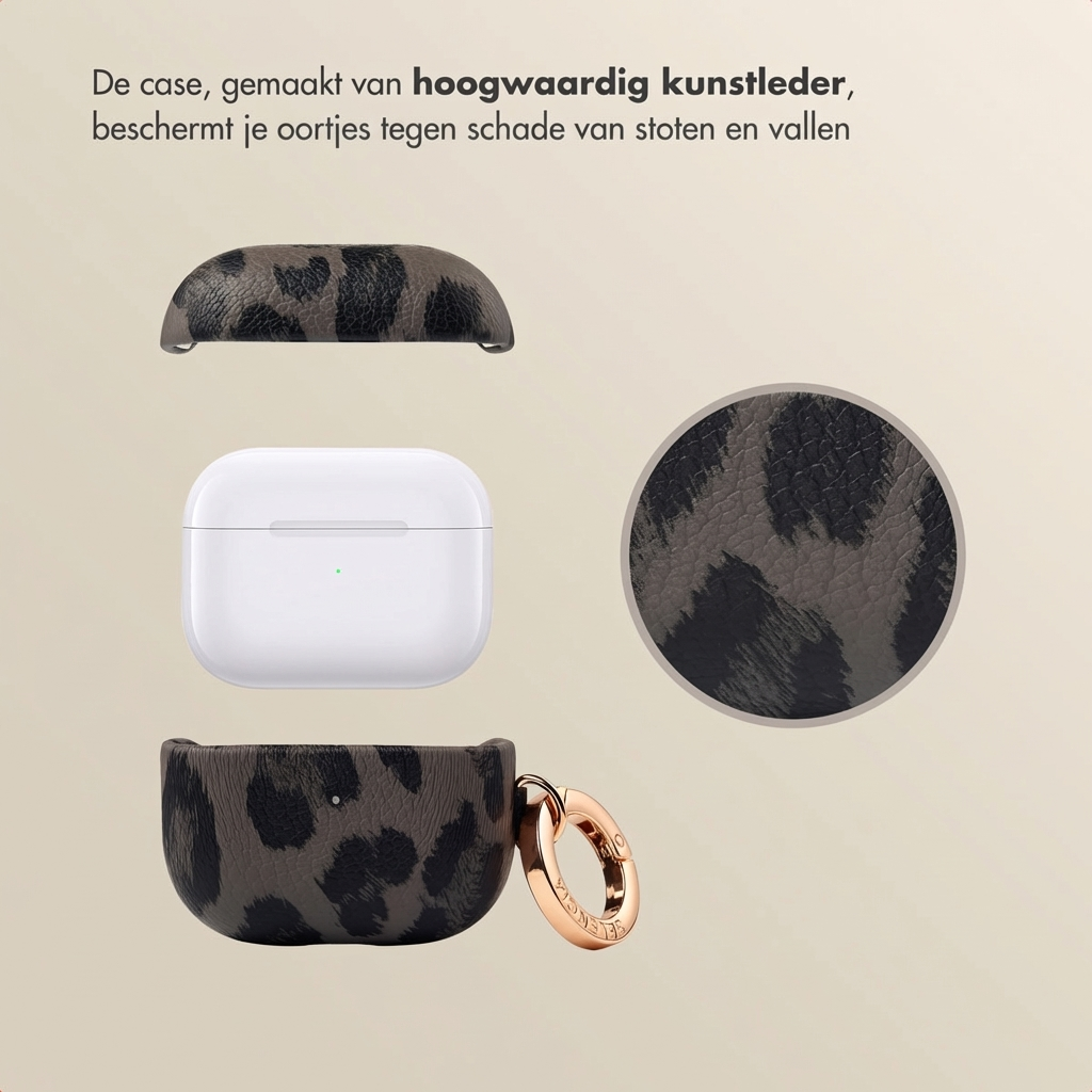 White earbud case with leopard print cover and carabiner clip.