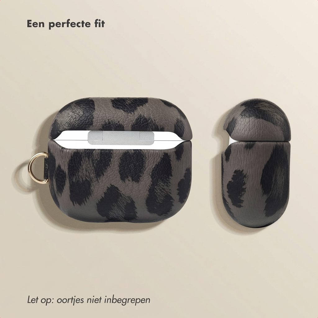 Gray leopard print case for headphones, shown open and closed.