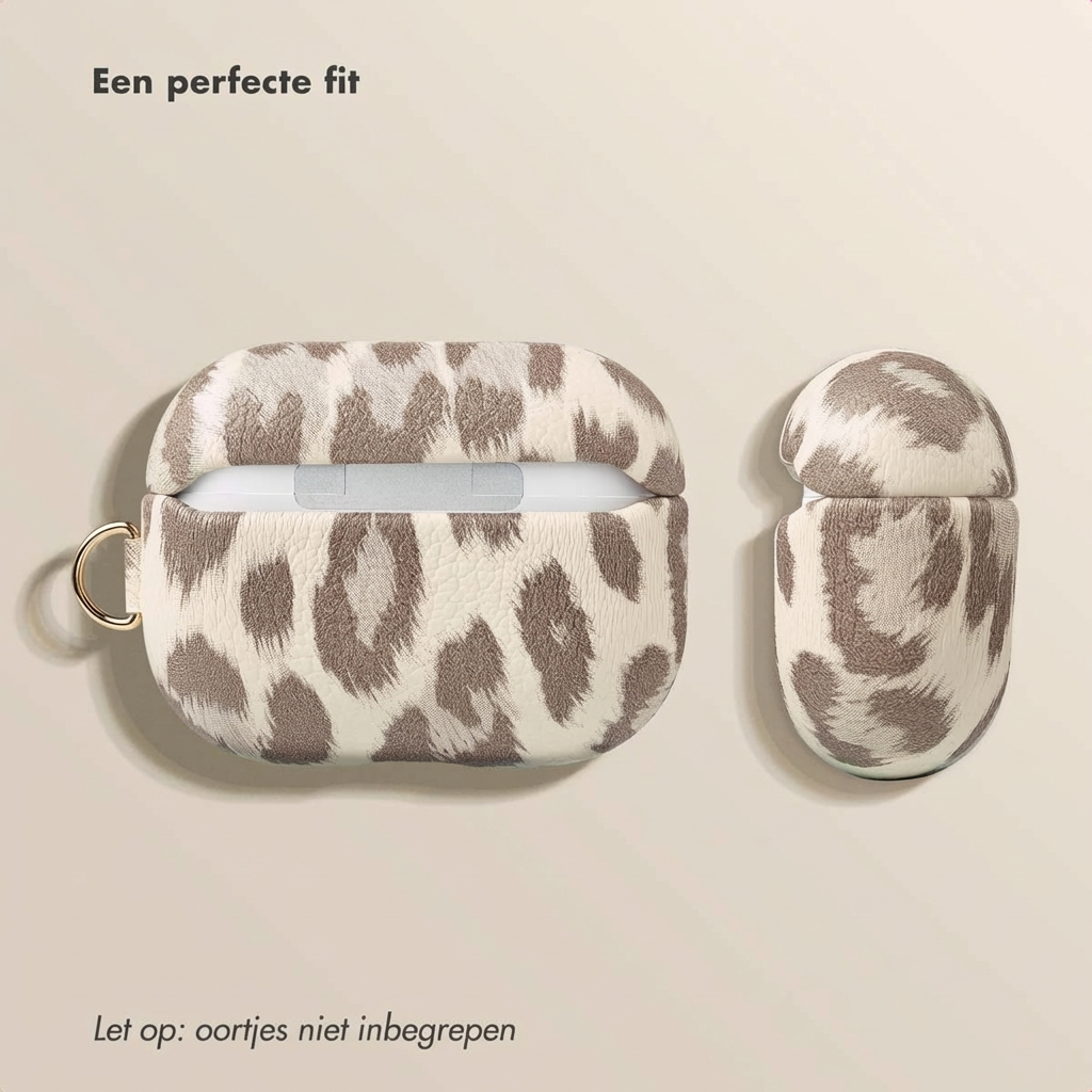 Two leopard print headphone cases, one open, one closed, on a cream background.