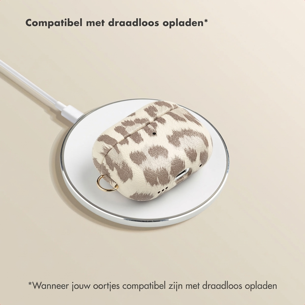 A leopard-print charging case rests on a white charging pad.