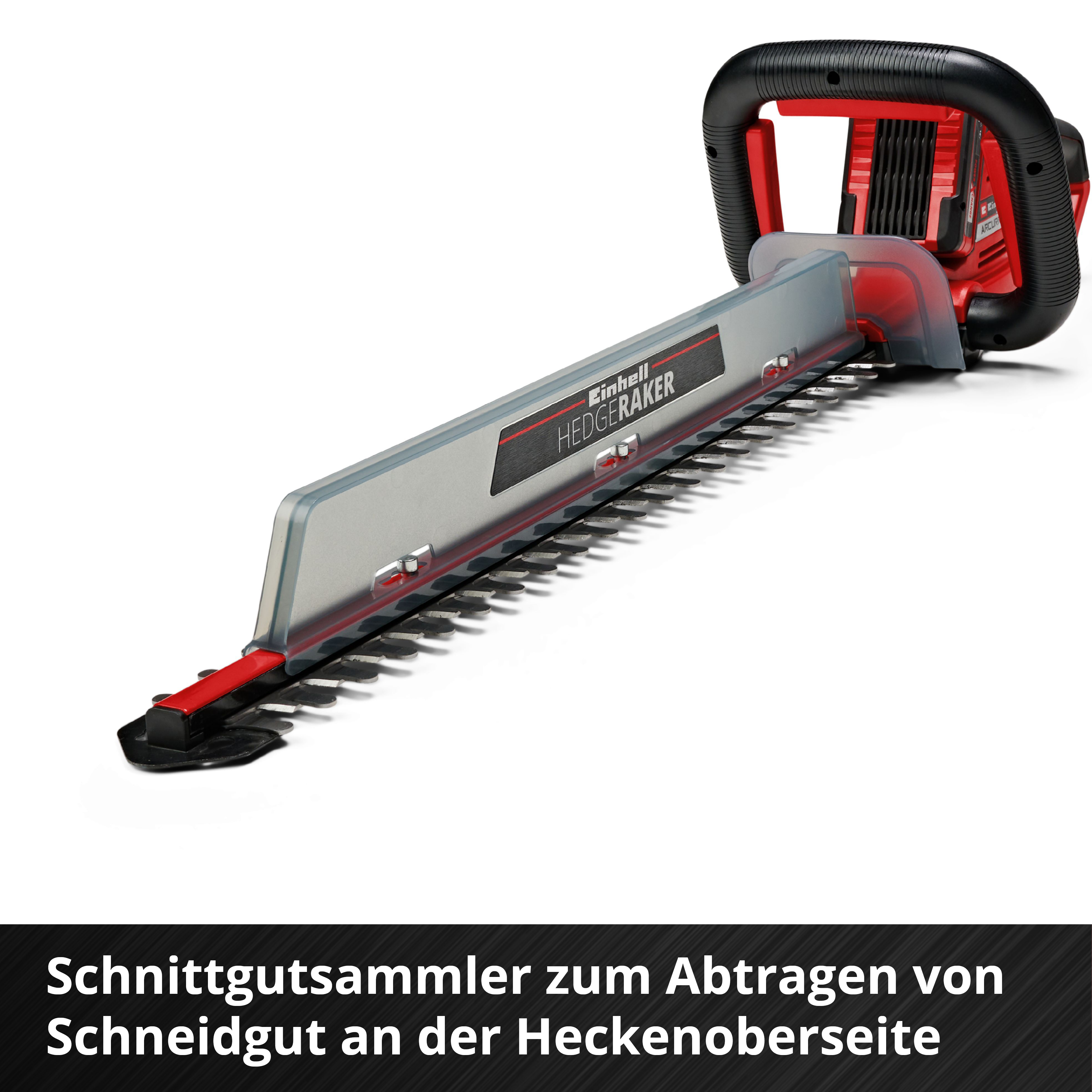 Accessoire de taille-haie rouge avec poignée et lames noires.