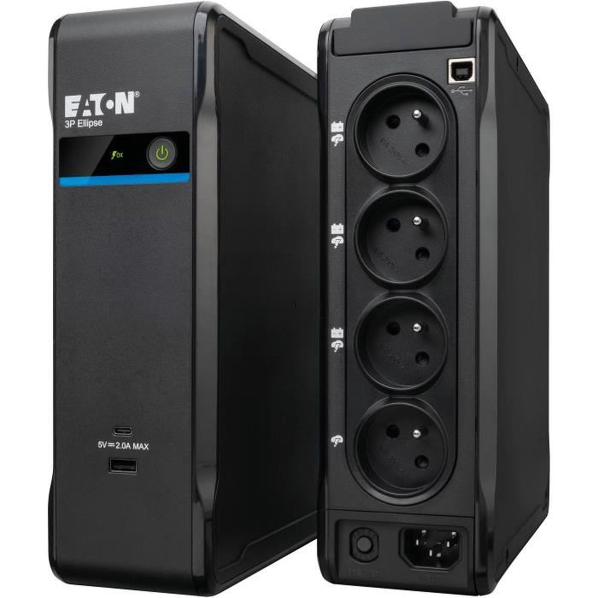 Gruppo di continuità Eaton nero con prese e porta USB.