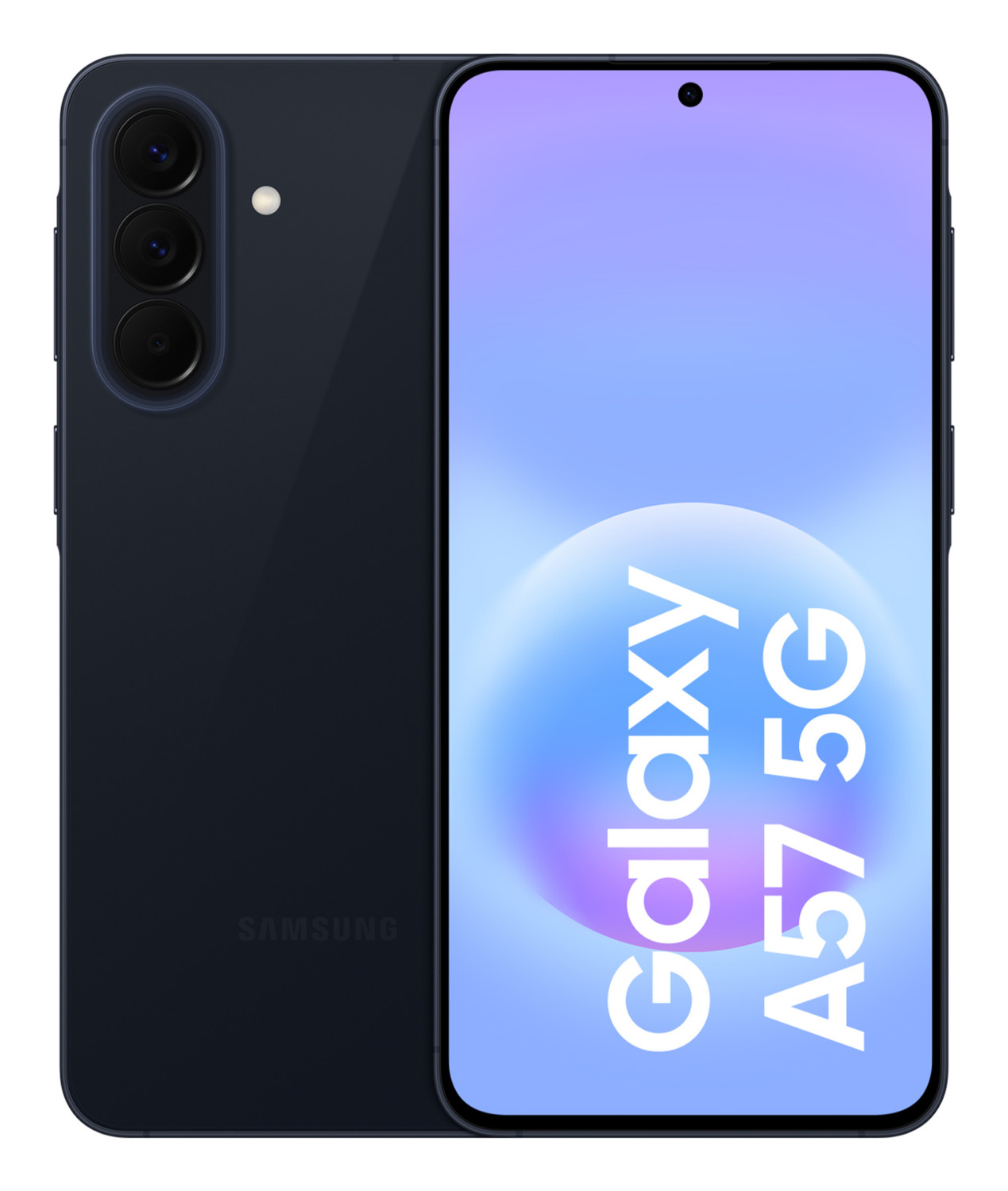 Dunkelblaues Samsung Galaxy A57 5G Smartphone, Rückseite mit drei Kameras.