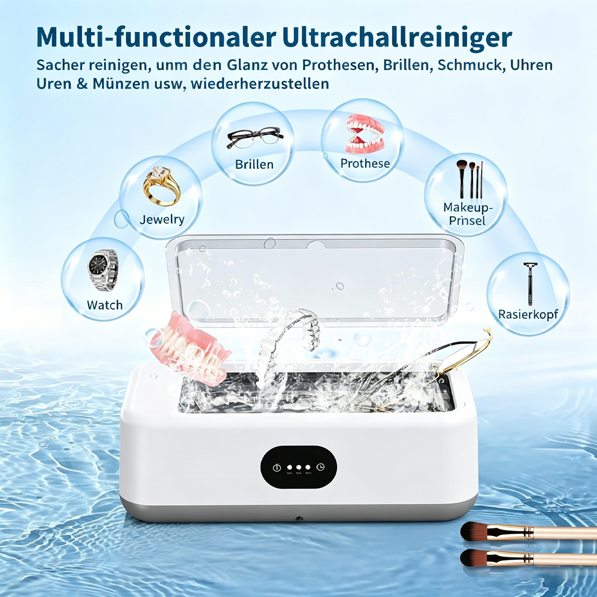 Ultraschallreiniger mit Brillen, Schmuck, Uhren, Prothesen, Pinseln, Rasierköpfen.