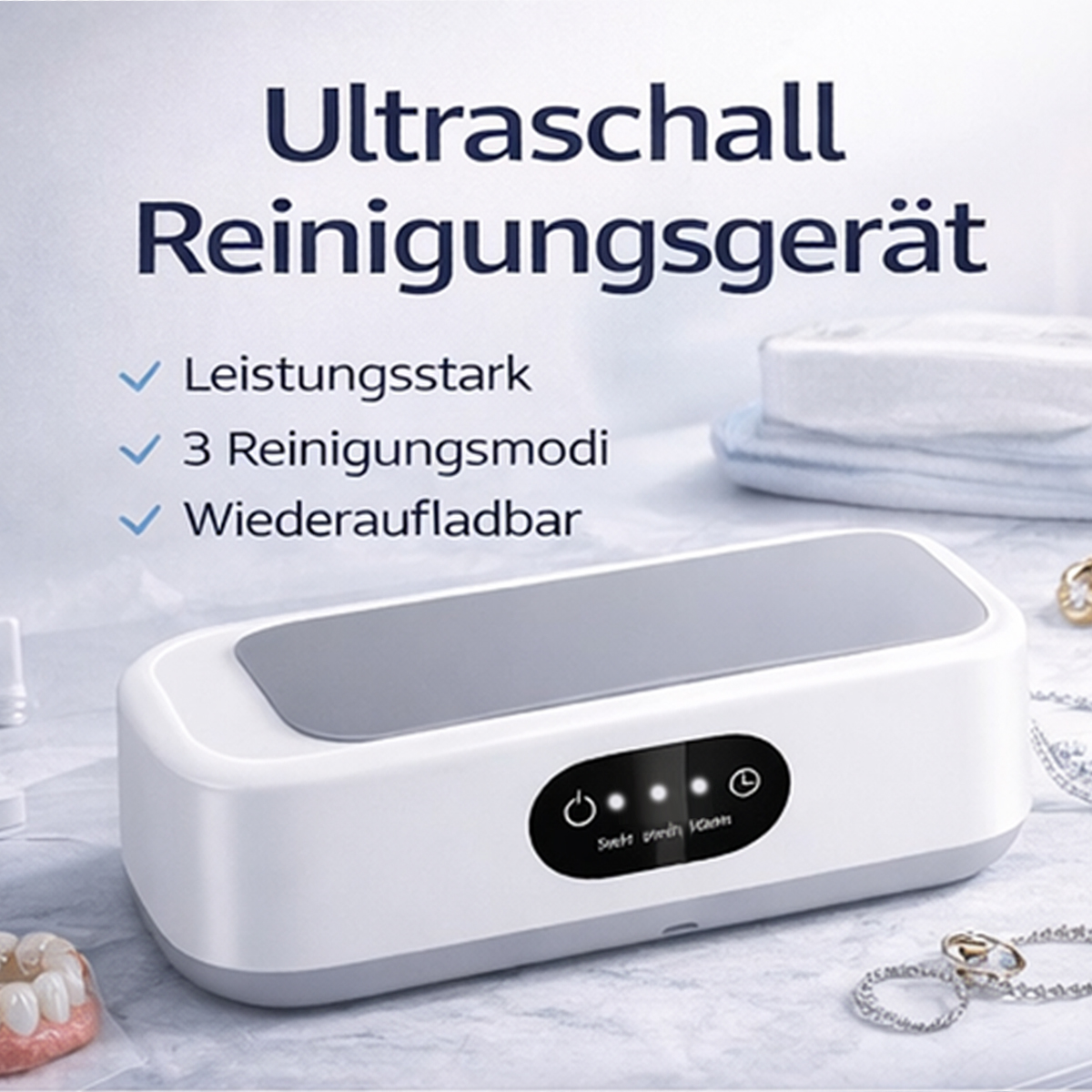 Ultraschallreiniger mit Leistungsstark, 3 Modi, wiederaufladbar. Schmuck daneben.