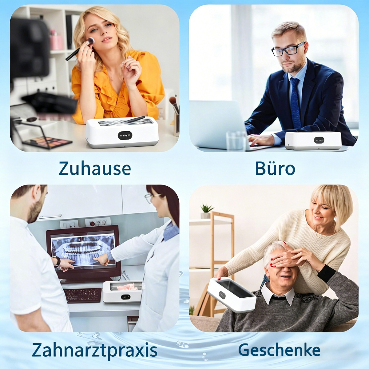 Vier Szenen: Frau macht Make-up, Mann am Laptop, Zahnärzte und Geschenk.