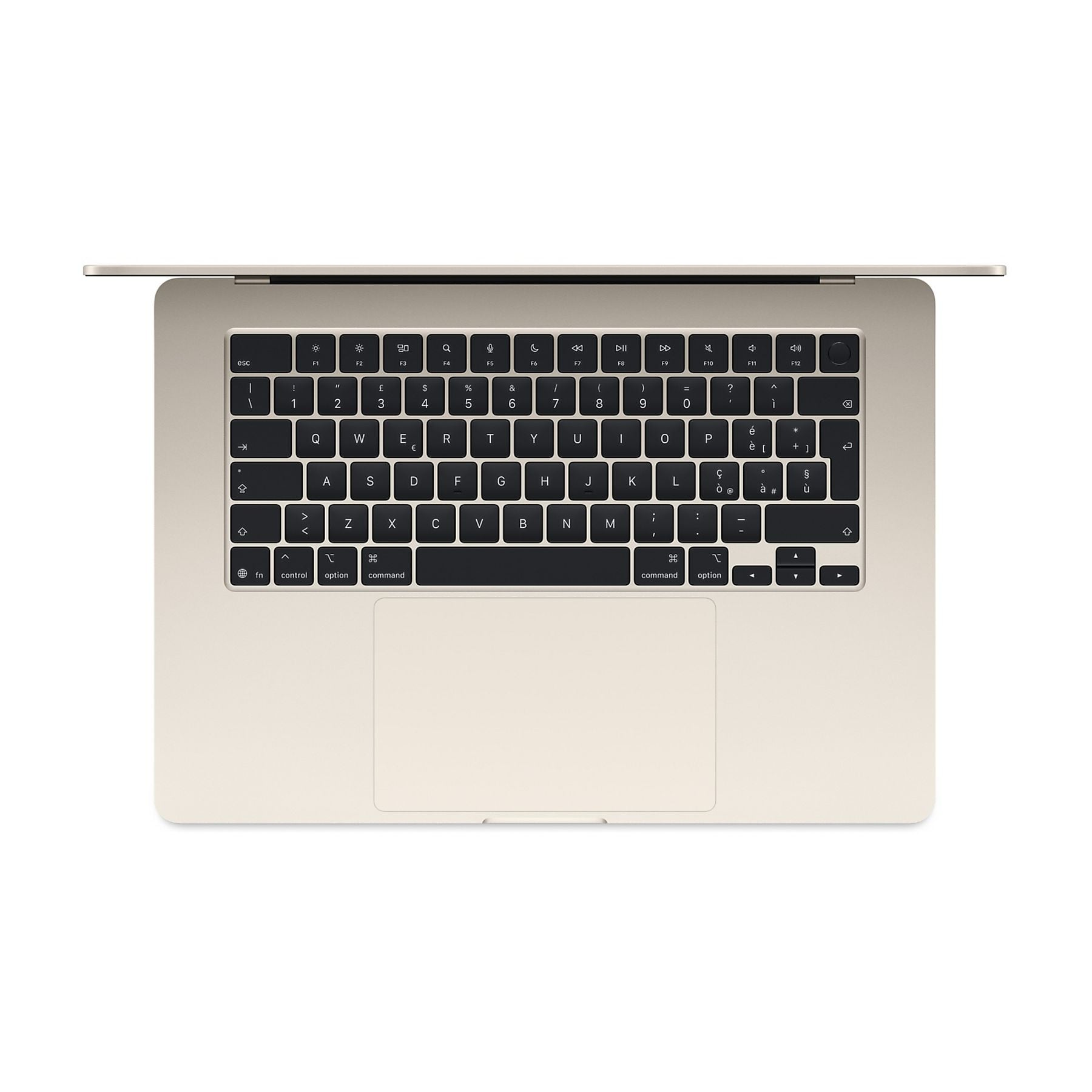 Un MacBook oro chiaro con il coperchio aperto, mostrato dall'alto.