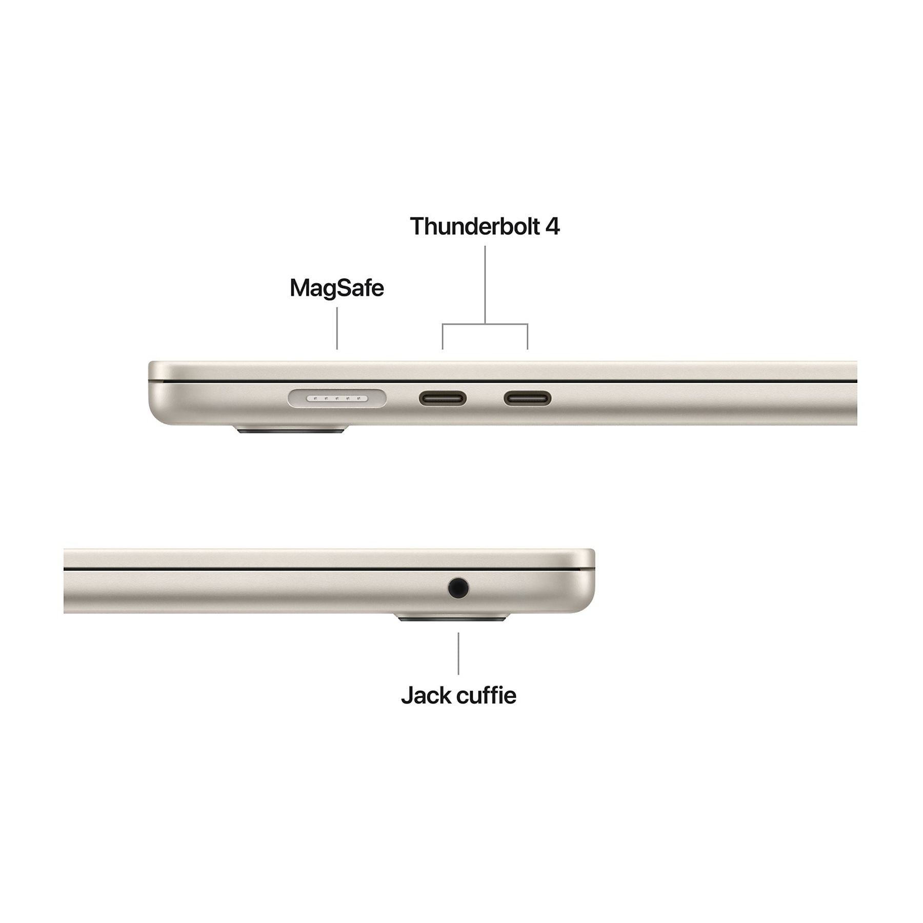 Vista laterale di un laptop con MagSafe, porte Thunderbolt 4 e jack per cuffie.