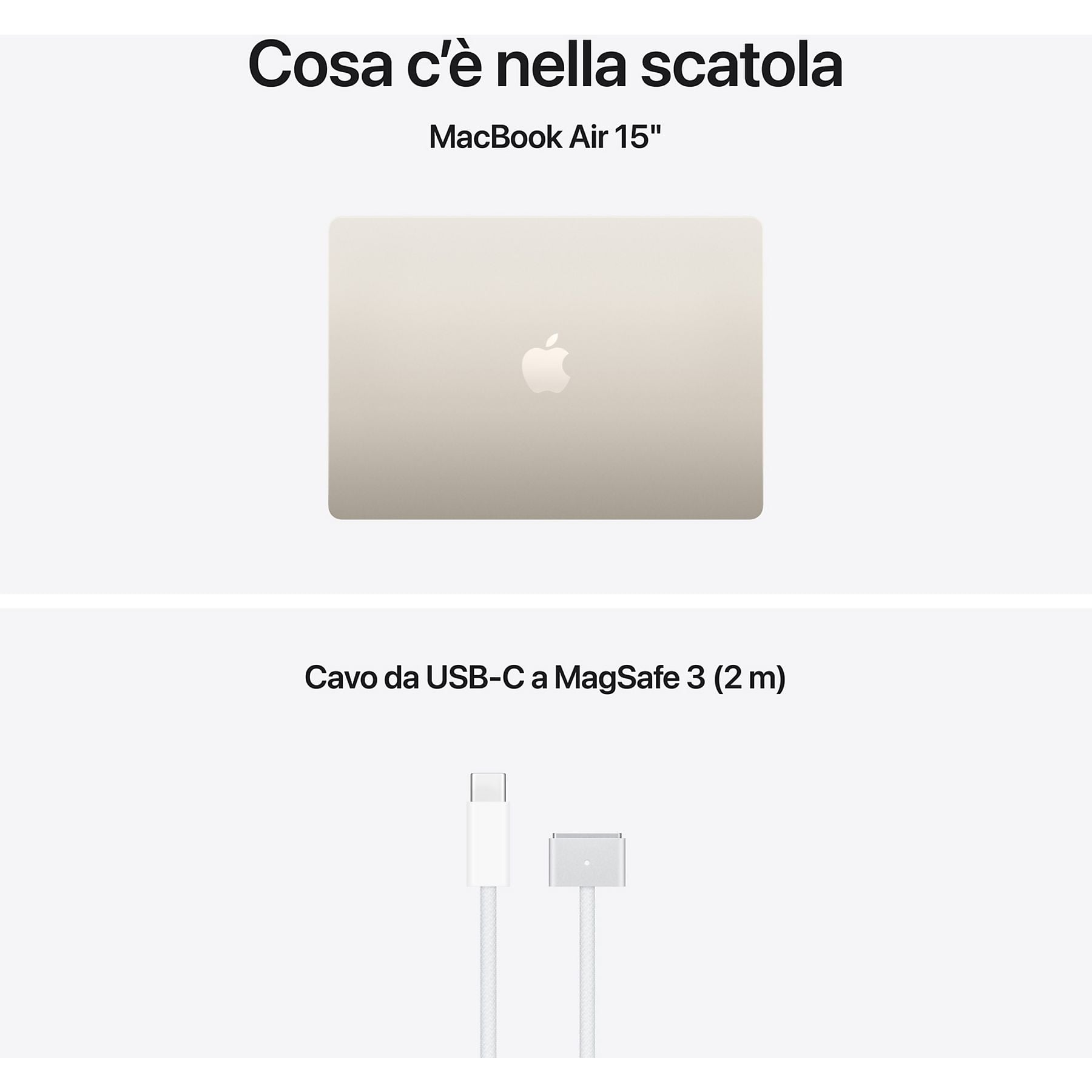 Un MacBook Air 15" e un cavo USB-C a MagSafe 3 (2m).