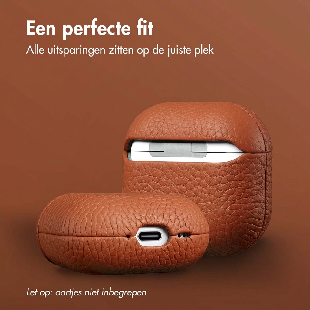 Brown leather case for earphones with charging port and open lid.