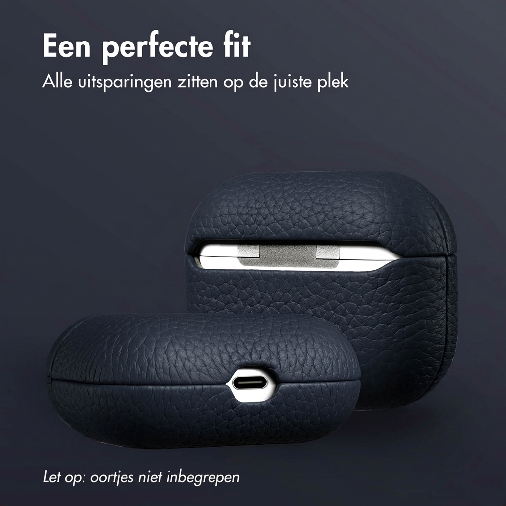 Donkerblauwe lederen oortjehoesjes met laadpoort aan de voorkant.