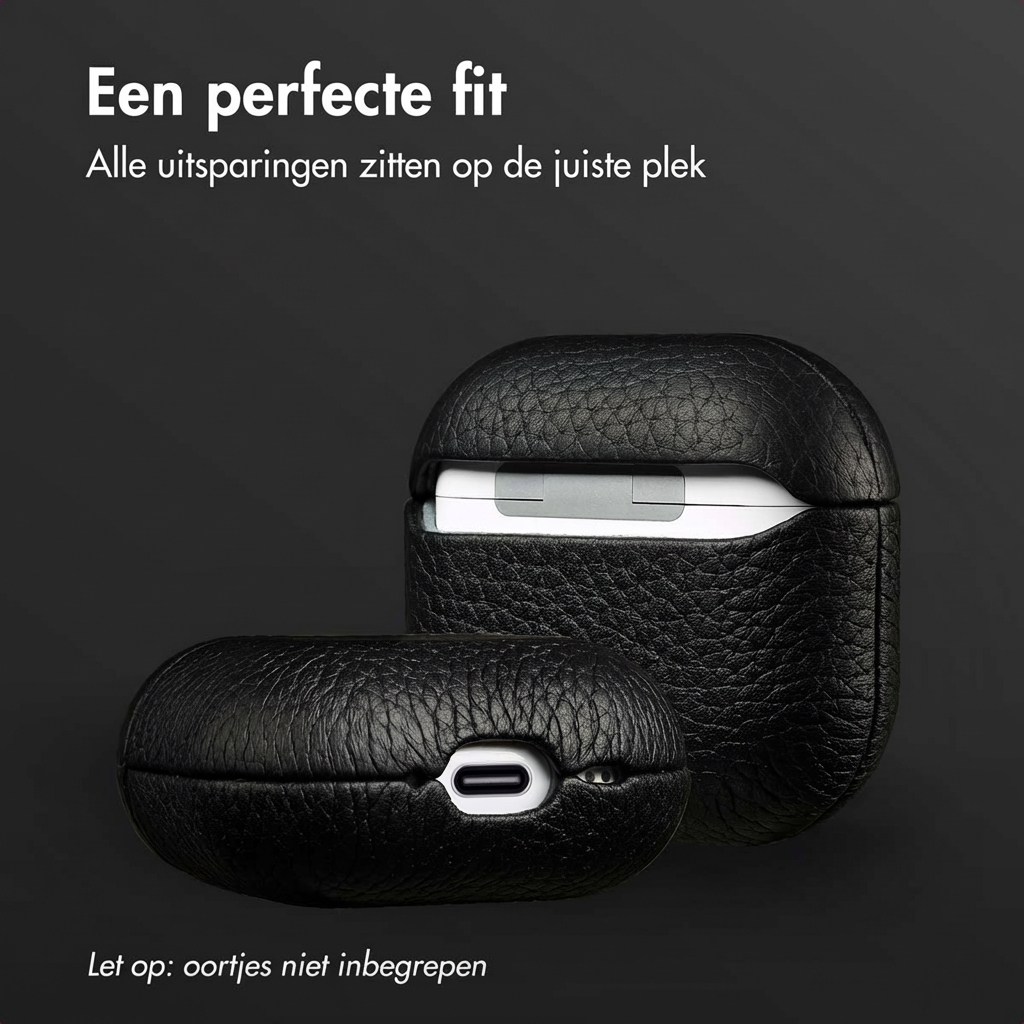 Black leather earbud case, open and closed, on a dark background.