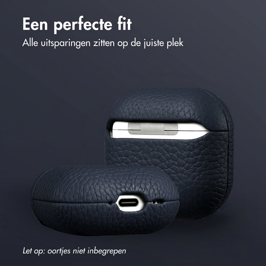 Dark blue leather case for AirPods Pro, showing the charging port.