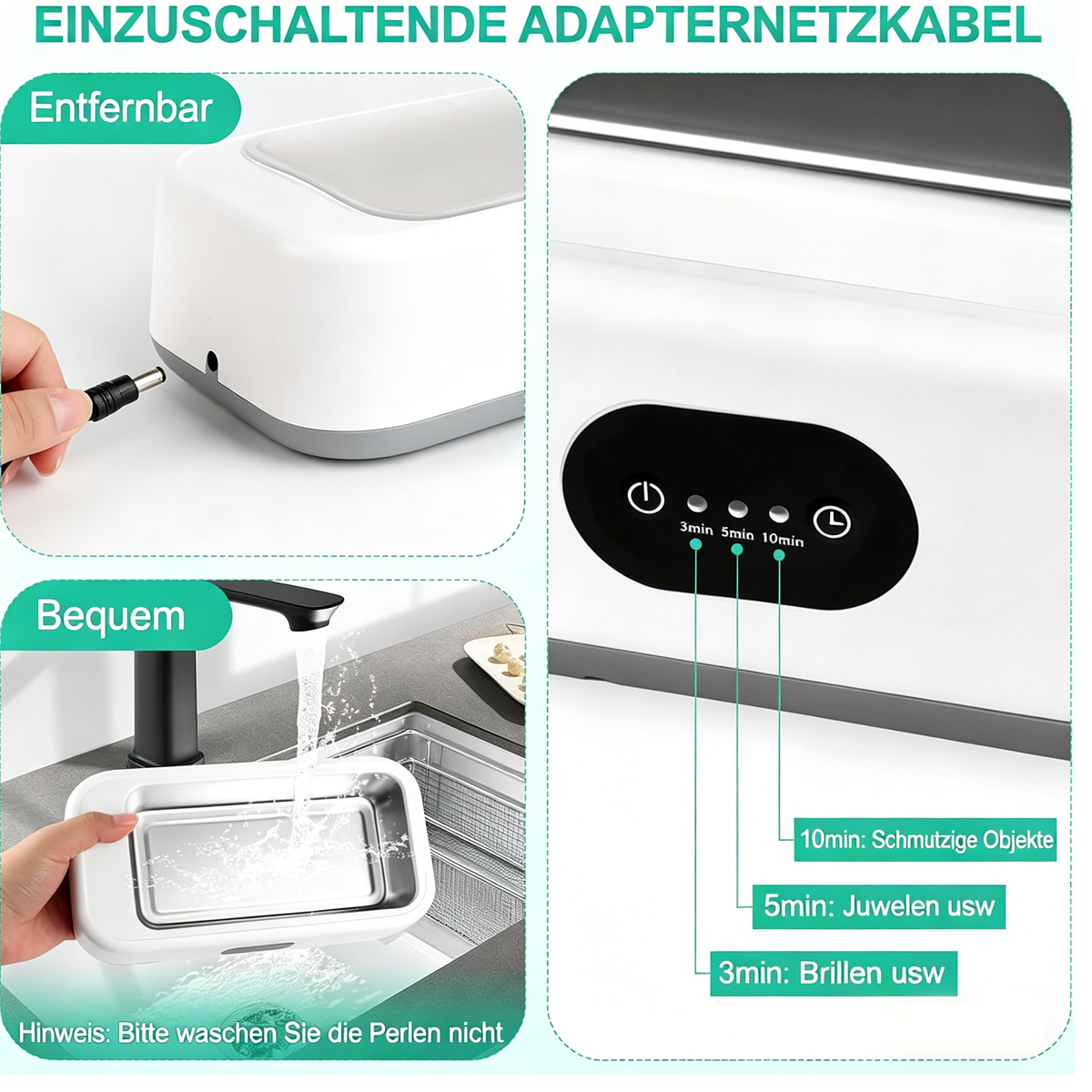 Ein Ultraschallreiniger mit verschiedenen Zeitoptionen und einer abnehmbaren Stromquelle.