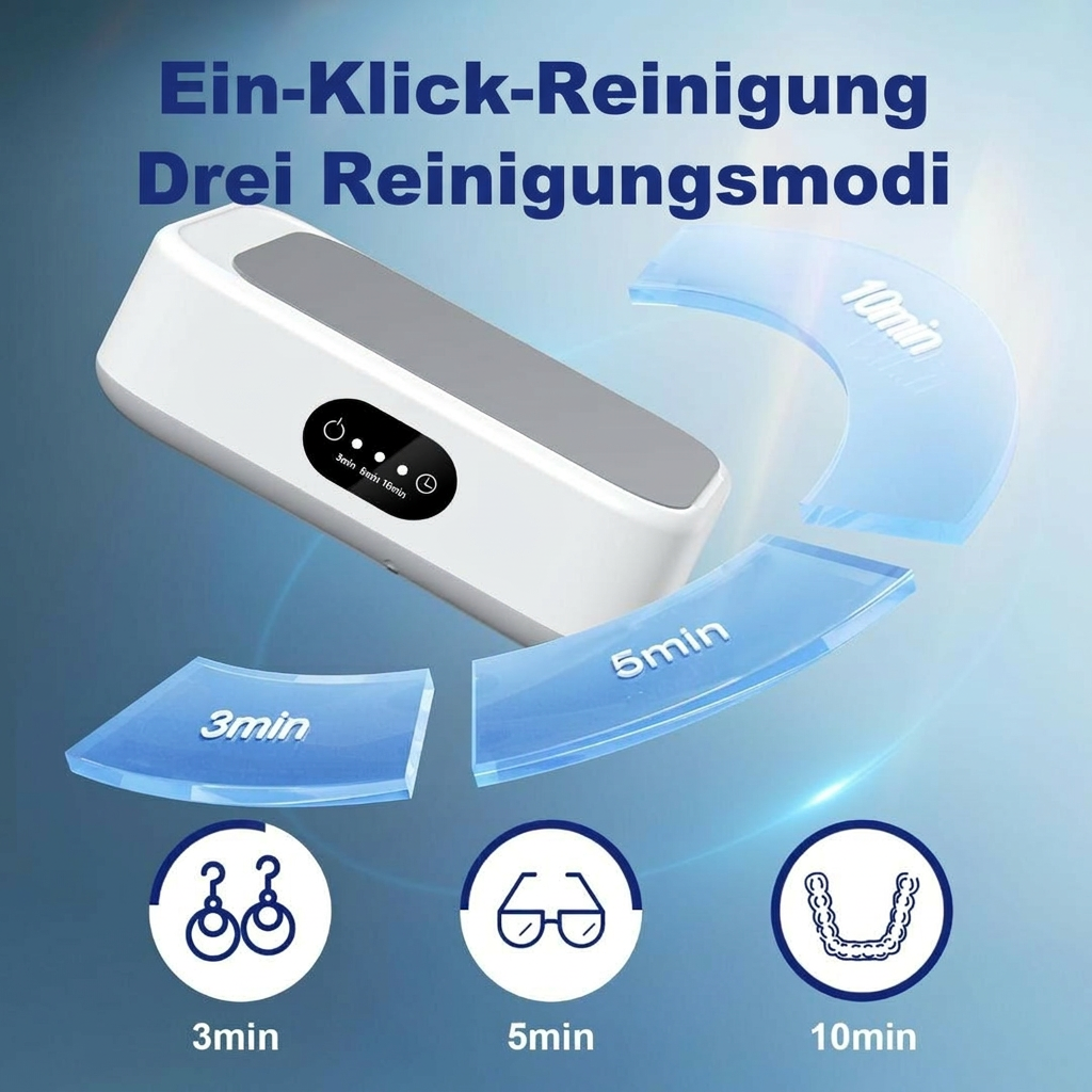 Ultraschallreiniger mit 3 Modi: 3, 5, 10 Min. für Schmuck, Brillen, Zahnspangen.