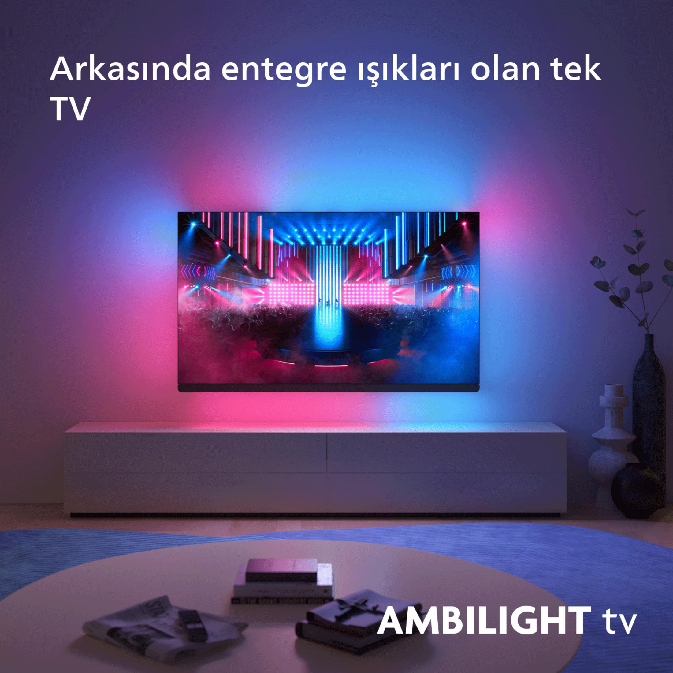 Nowoczesny telewizor ze zintegrowanym oświetleniem, wyświetlający koncert.