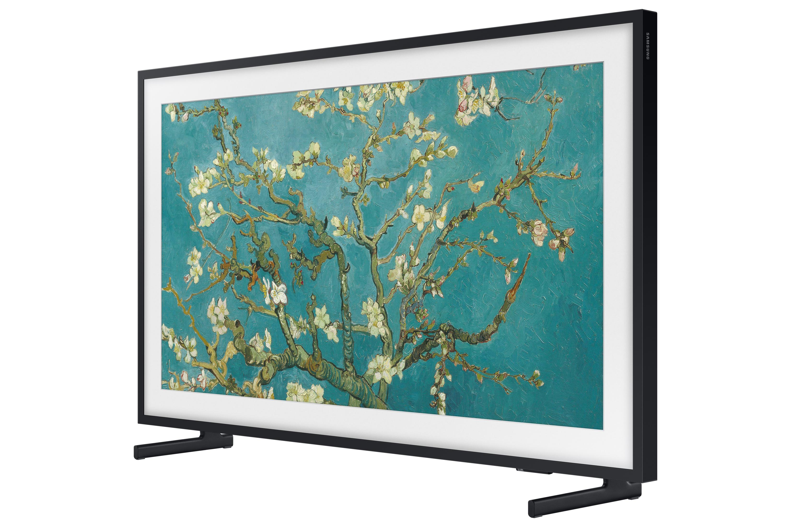 A black TV displays Van Gogh's Almond Blossoms on a blue background.