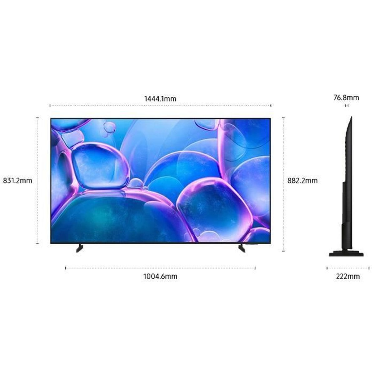 Ein Flachbildfernseher mit Maßen, der eine abstrakte blaue und violette Grafik zeigt.