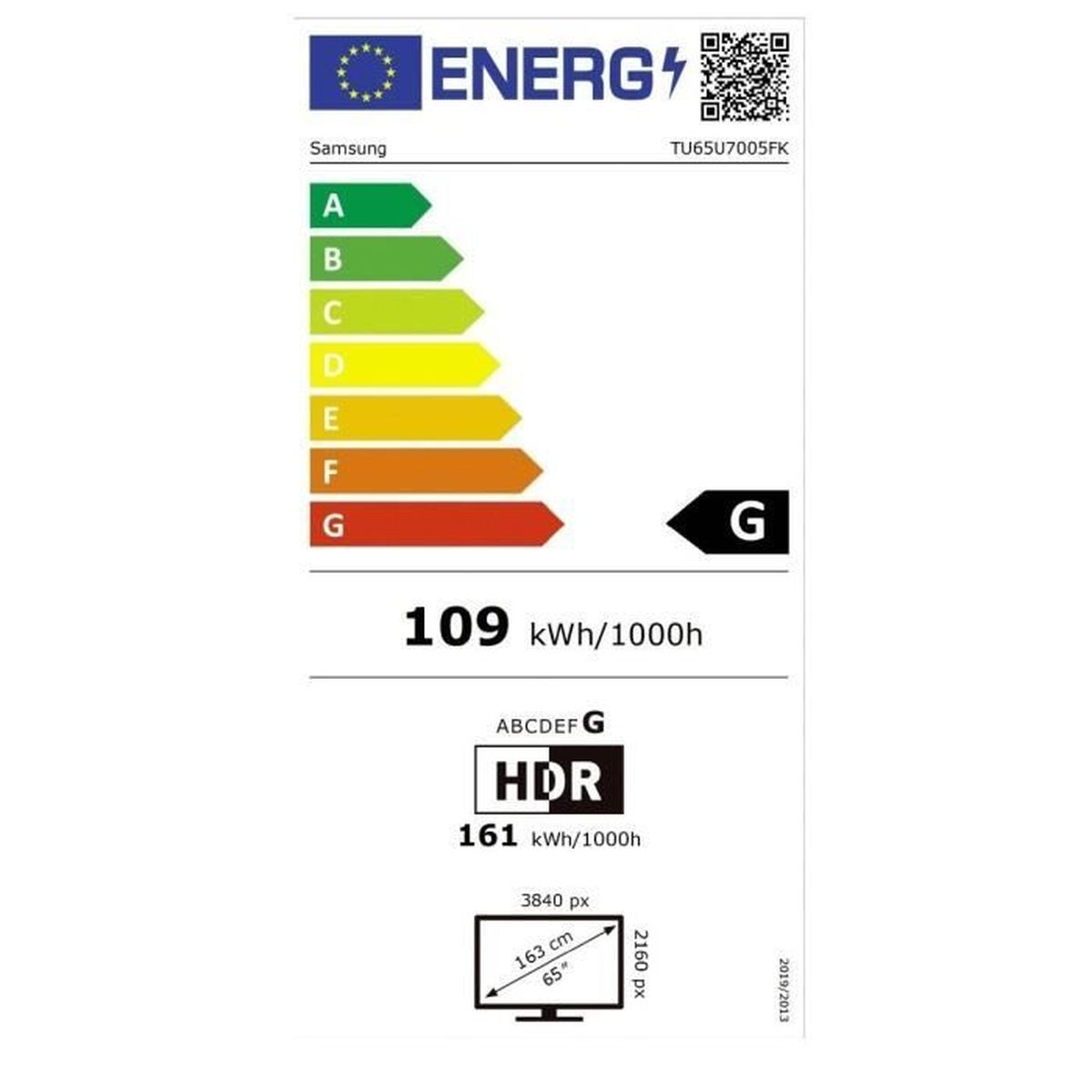 Energielabel für Samsung TV: Klasse G, 109 kWh/1000h. Mit HDR.