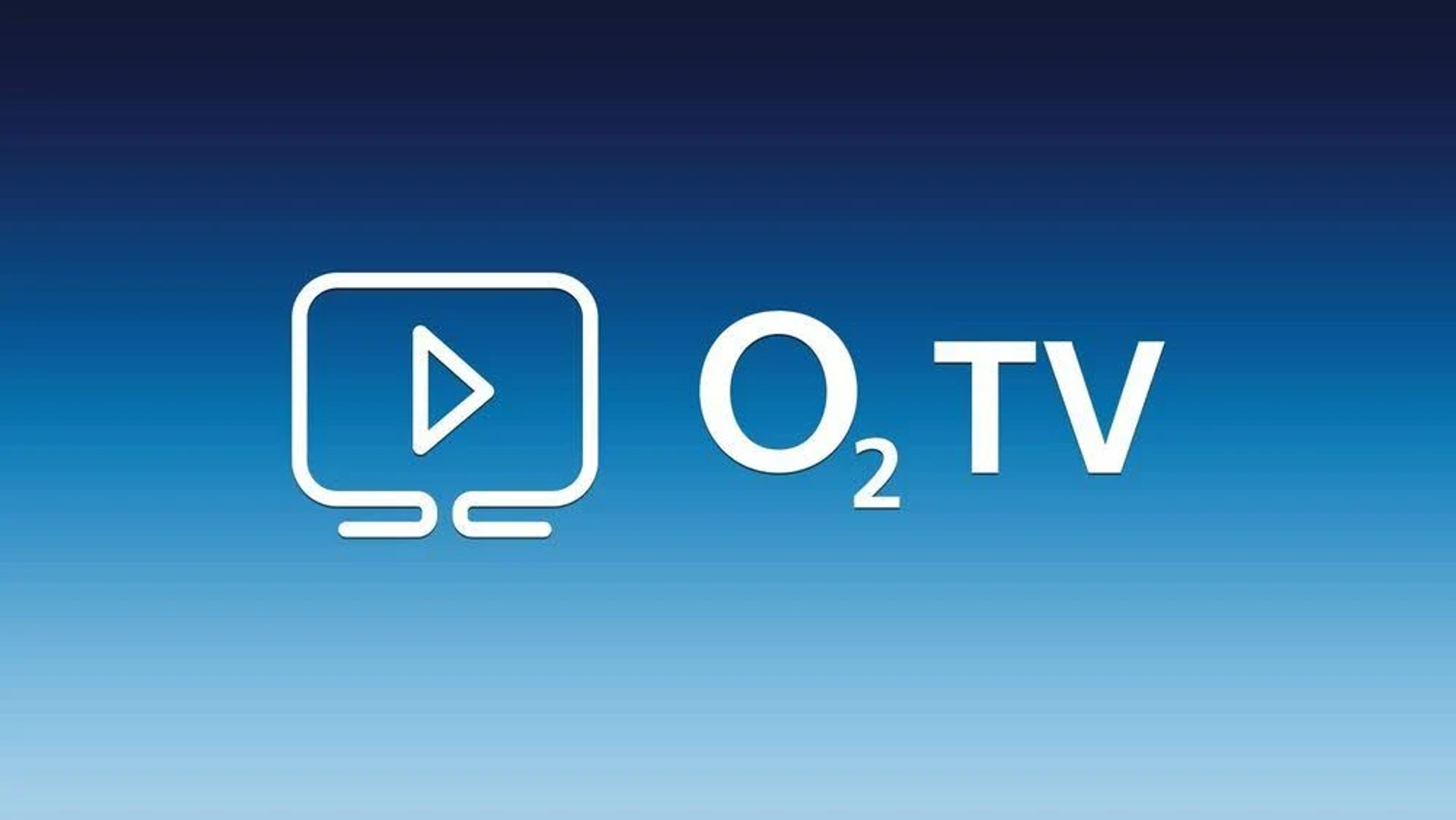 Icona play bianca su schermo blu con logo O2 TV.