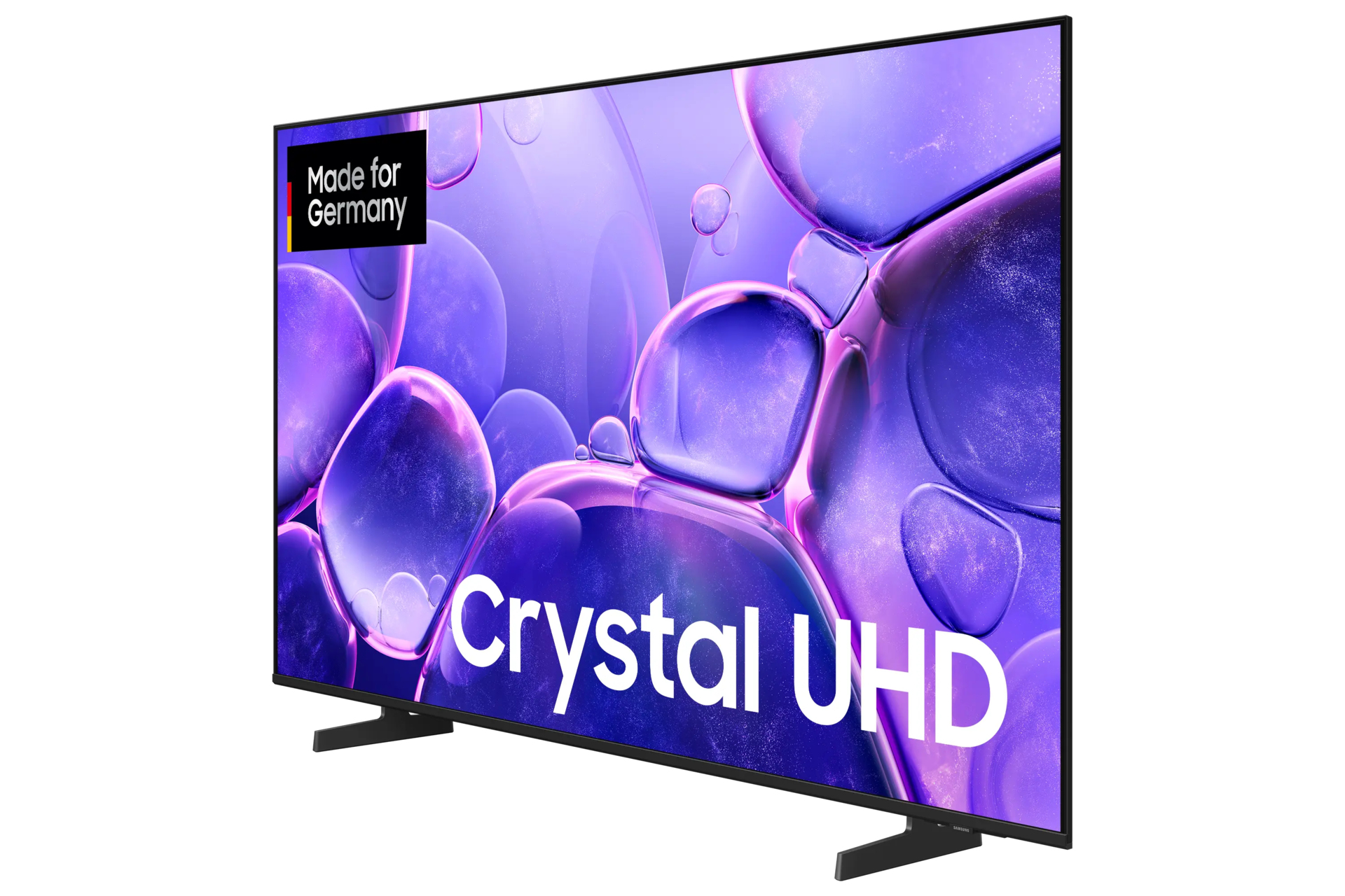 Nowoczesny telewizor z napisem "Crystal UHD" i etykietą "Made for Germany".