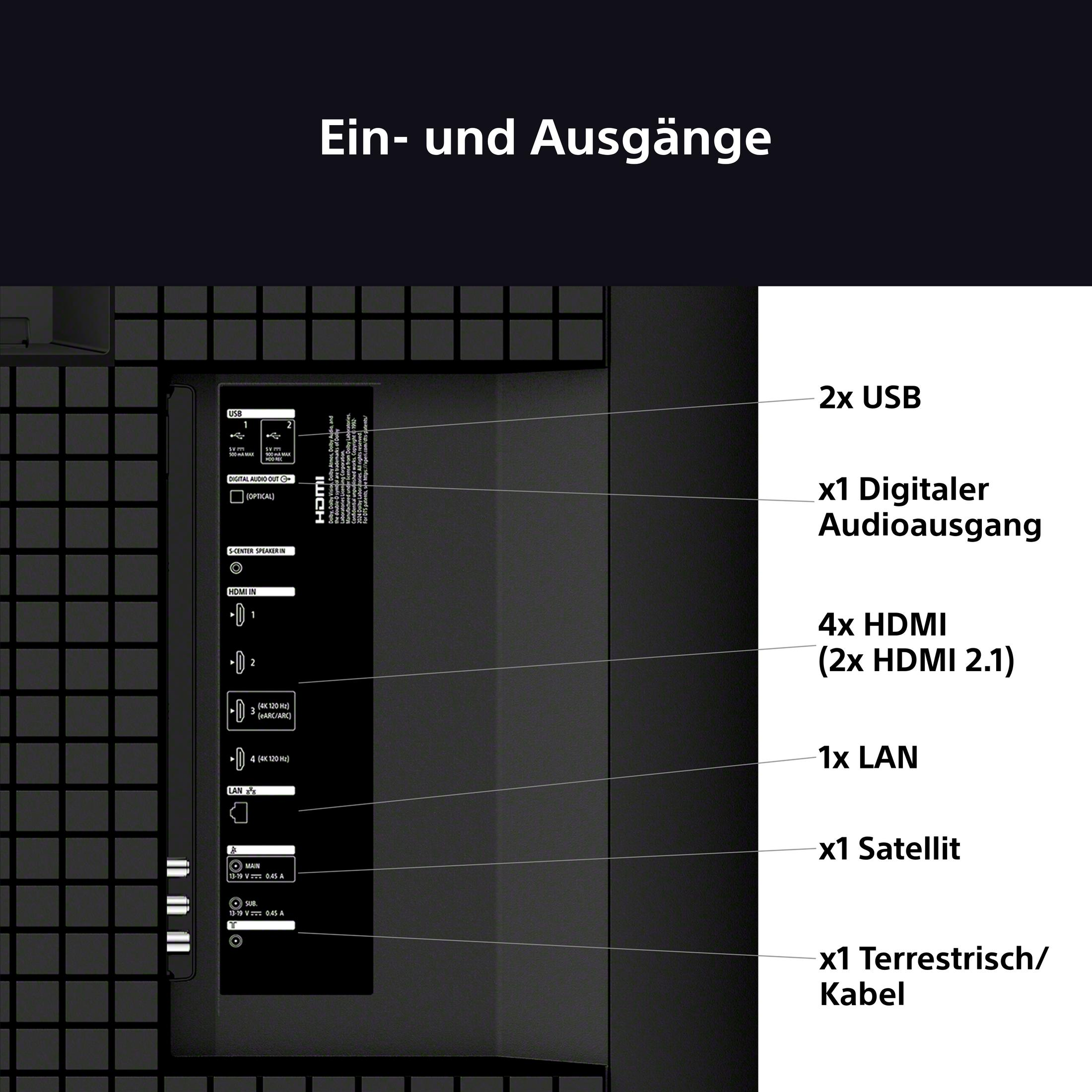 Connexions : 2x USB, 1x sortie audio numérique, 4x HDMI, 1x LAN, 1x Satellite, 1x Câble.