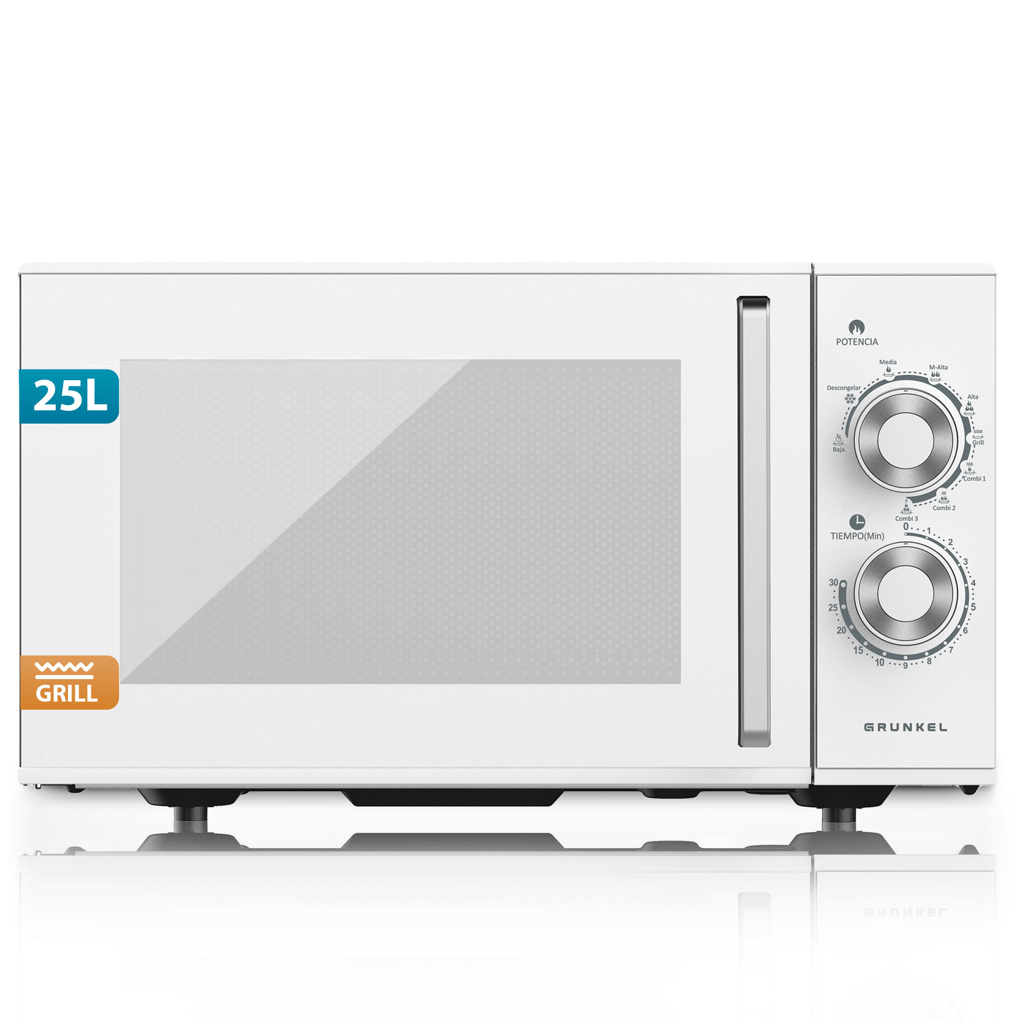 Forno a microonde bianco da 25L con funzione grill e manopole rotanti.