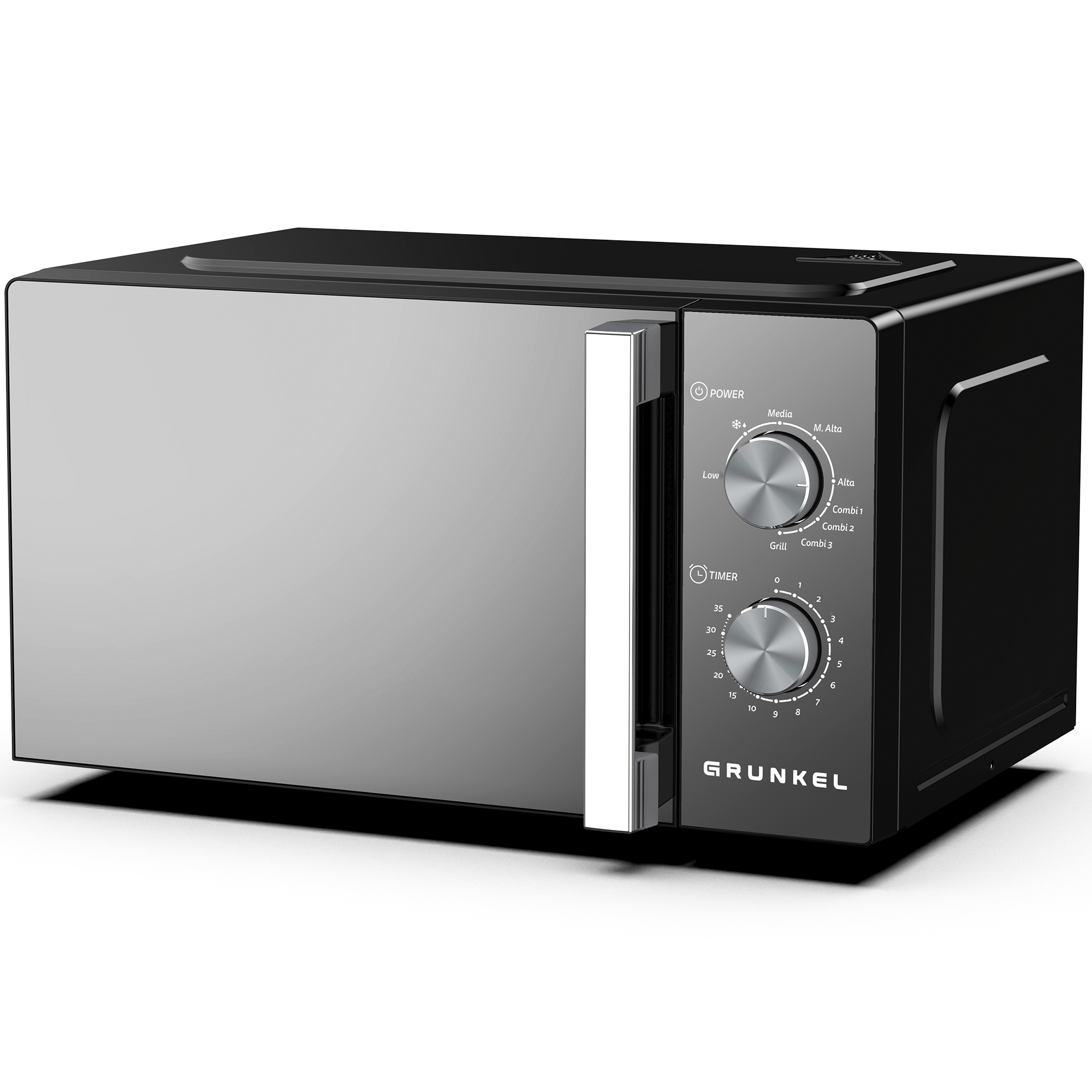 Forno a microonde nero con manico argentato e due manopole per potenza e timer.