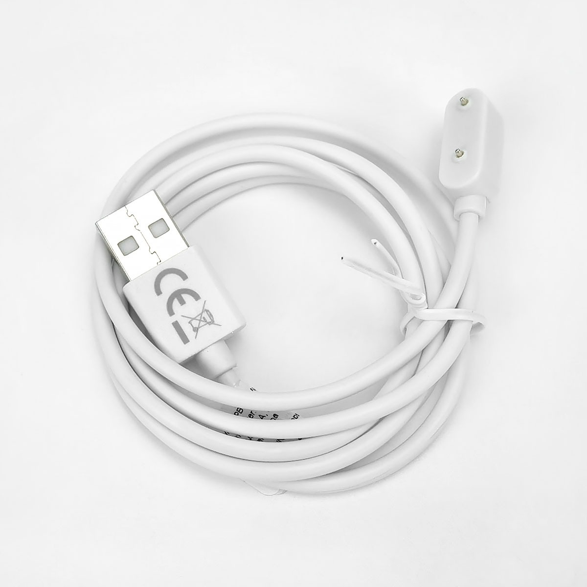 Biały kabel USB ze znakiem CE i magnetycznym złączem ładowania.