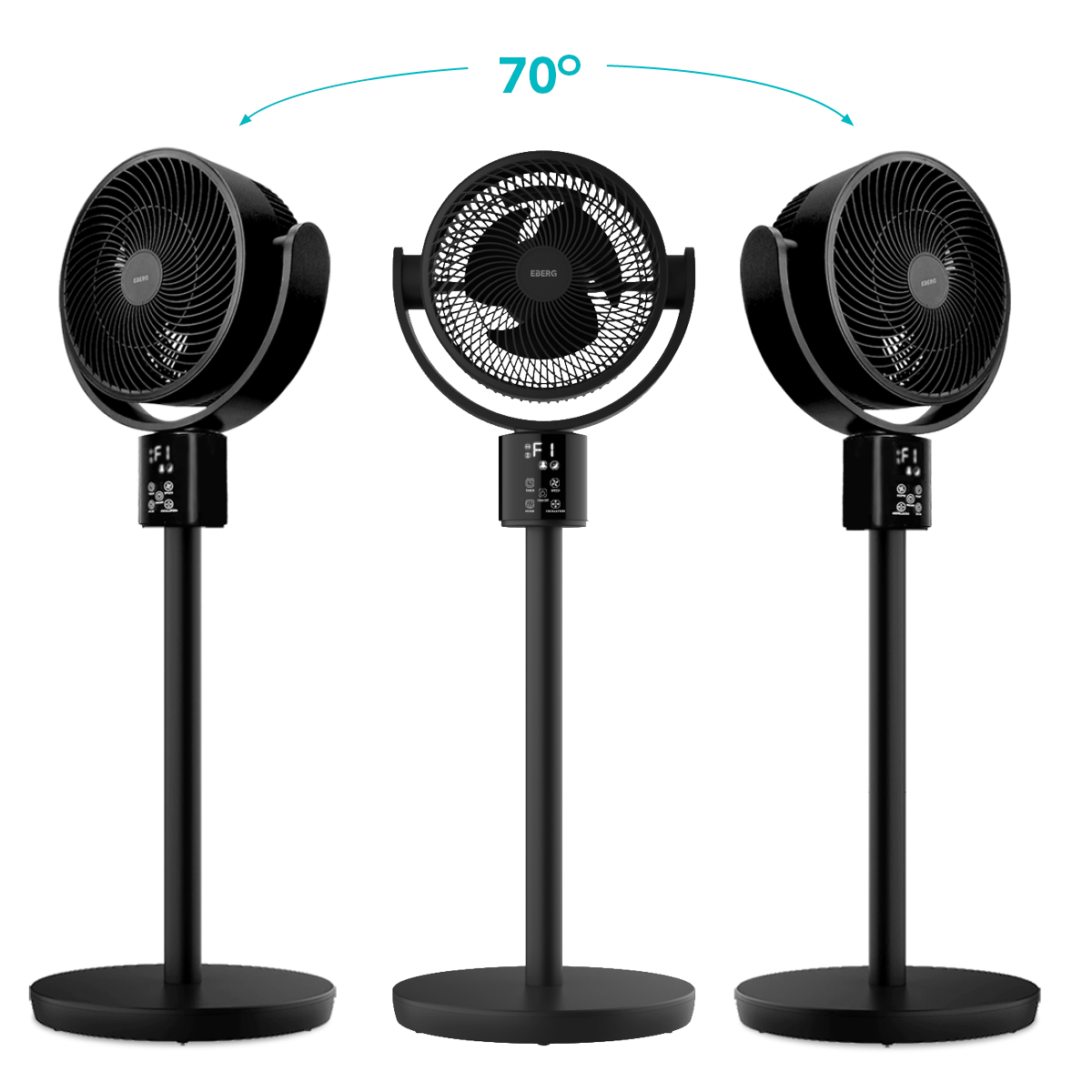 Trzy czarne wentylatory stojące z panelem sterowania na białym tle.