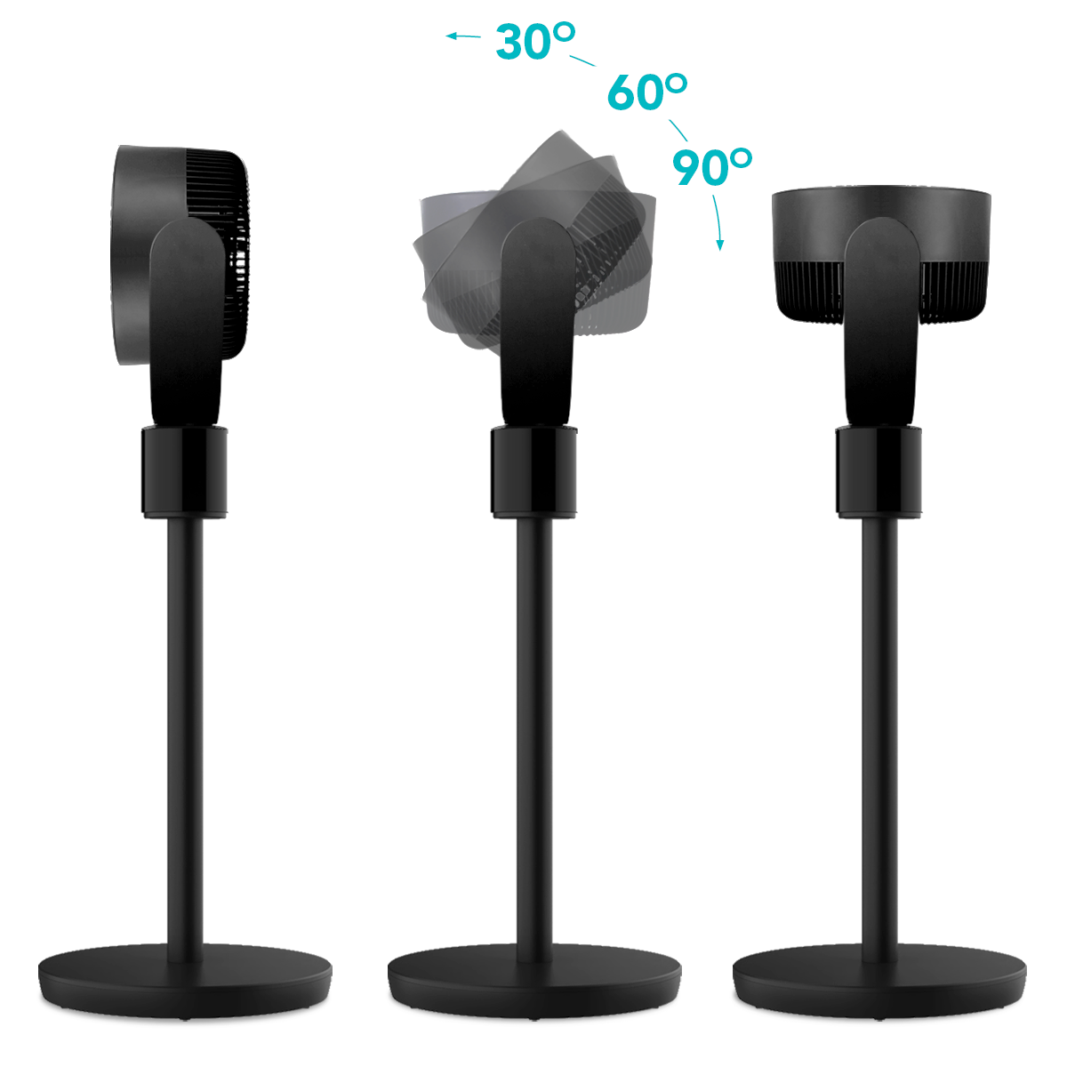 Trzy czarne wentylatory stojące pokazujące różne kąty: 30°, 60°, 90°.