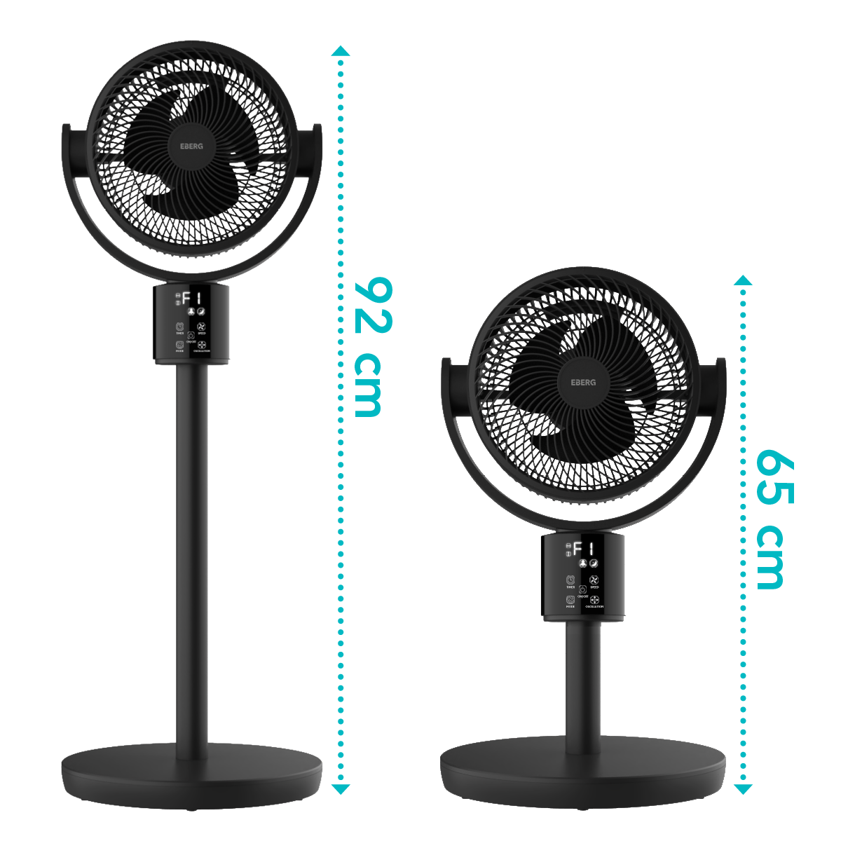 Dwa czarne wentylatory stojące, jeden o wysokości 92 cm, drugi 65 cm.