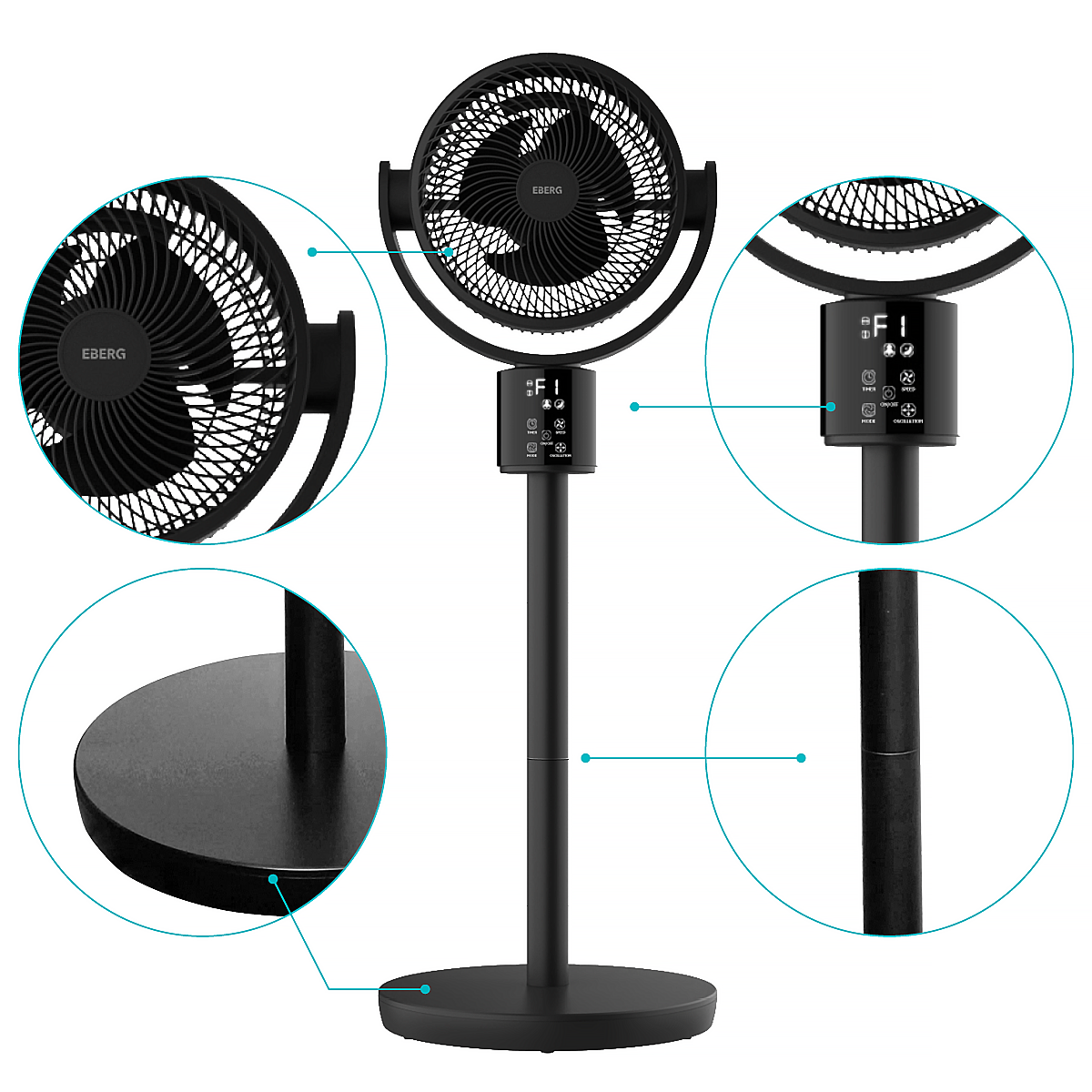 Czarny wentylator stojący z cyfrowym panelem sterowania i wyróżnionymi detalami.