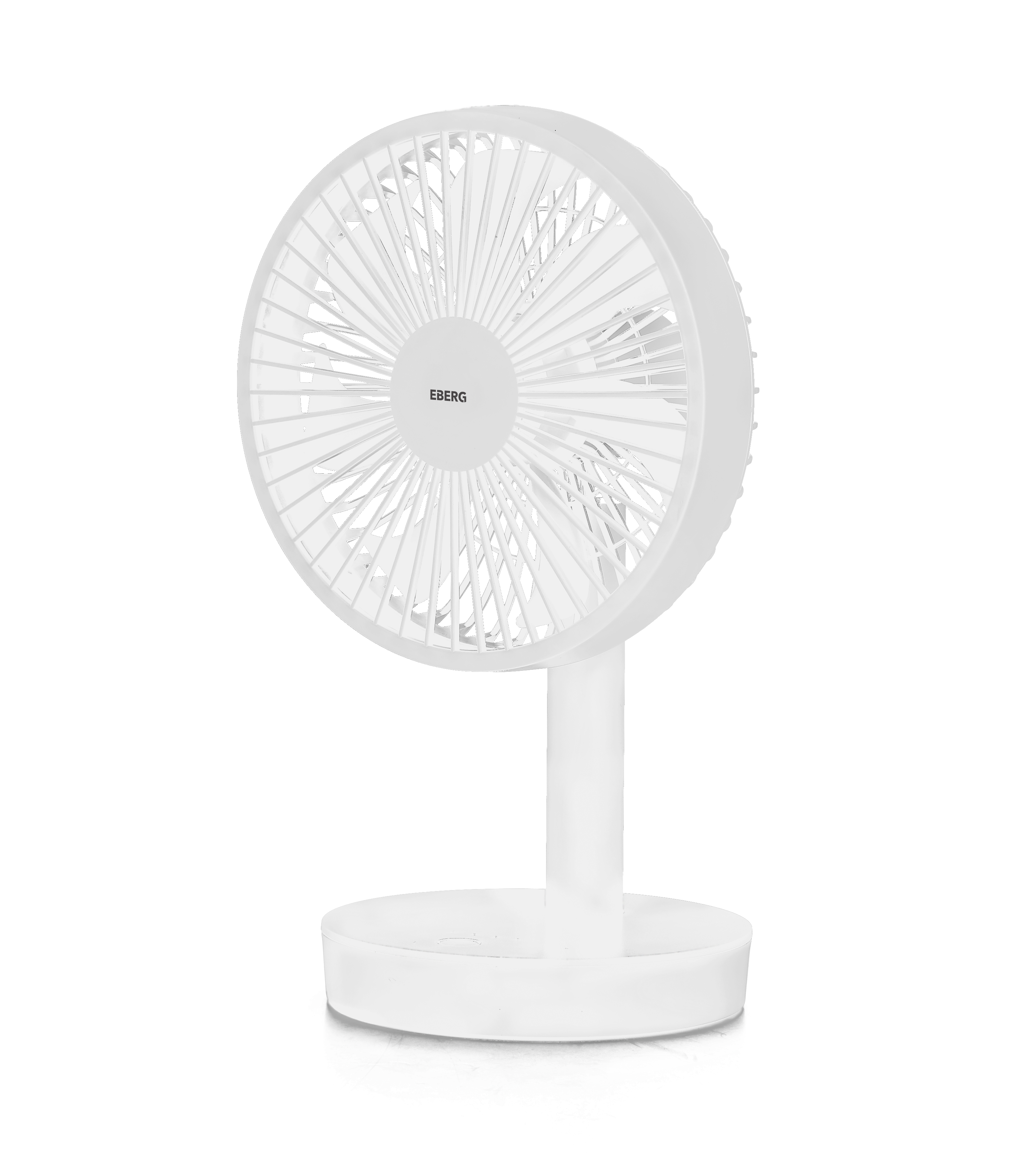 Biały wentylator stołowy z logo EBERGS na kratce.