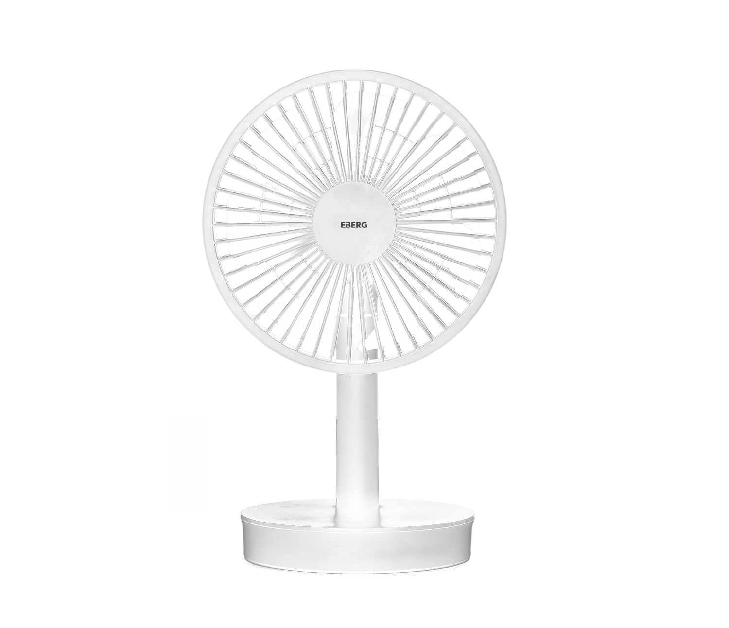 Biały, okrągły wentylator biurkowy z logo EBERG stoi na podstawie.