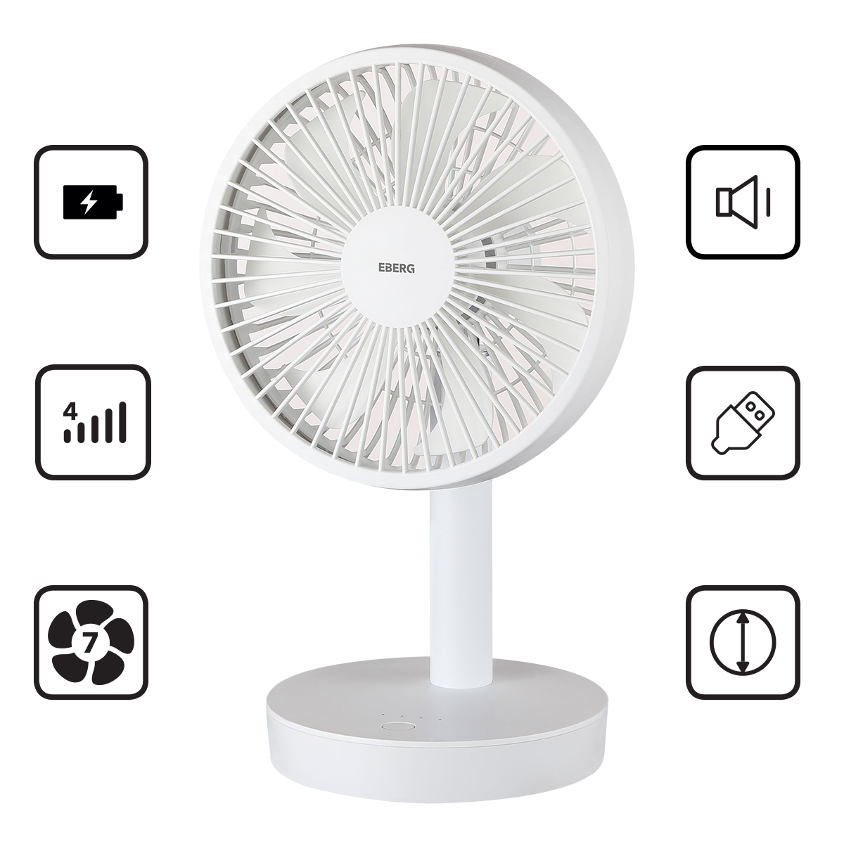 Biały wentylator biurkowy z ikonami baterii, głośności, USB i poziomów prędkości.