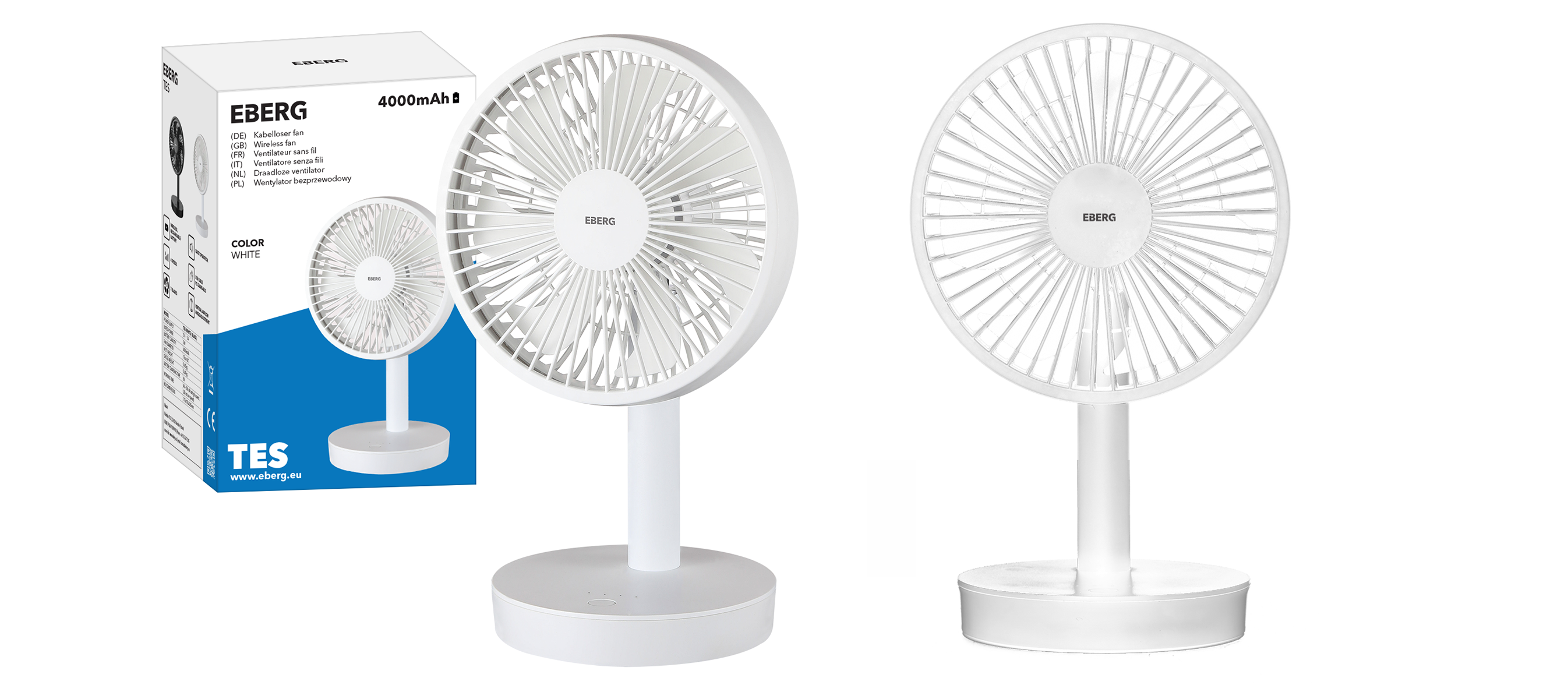 Biały, bezprzewodowy wentylator stołowy Eberg z okrągłą podstawą i kratką. Opakowanie po lewej.