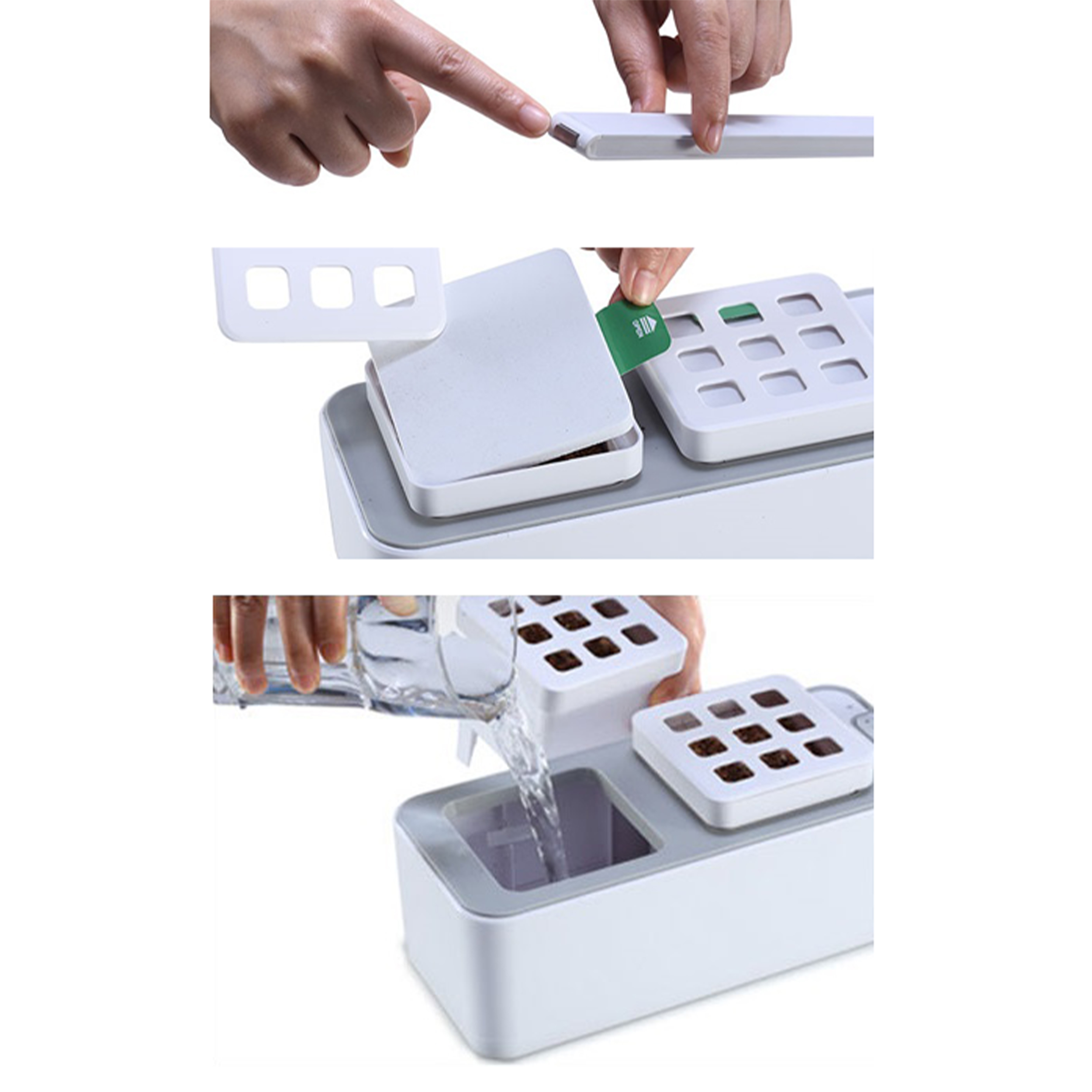 Ludzie składają części, wkładają kartę i nalewają wodę.