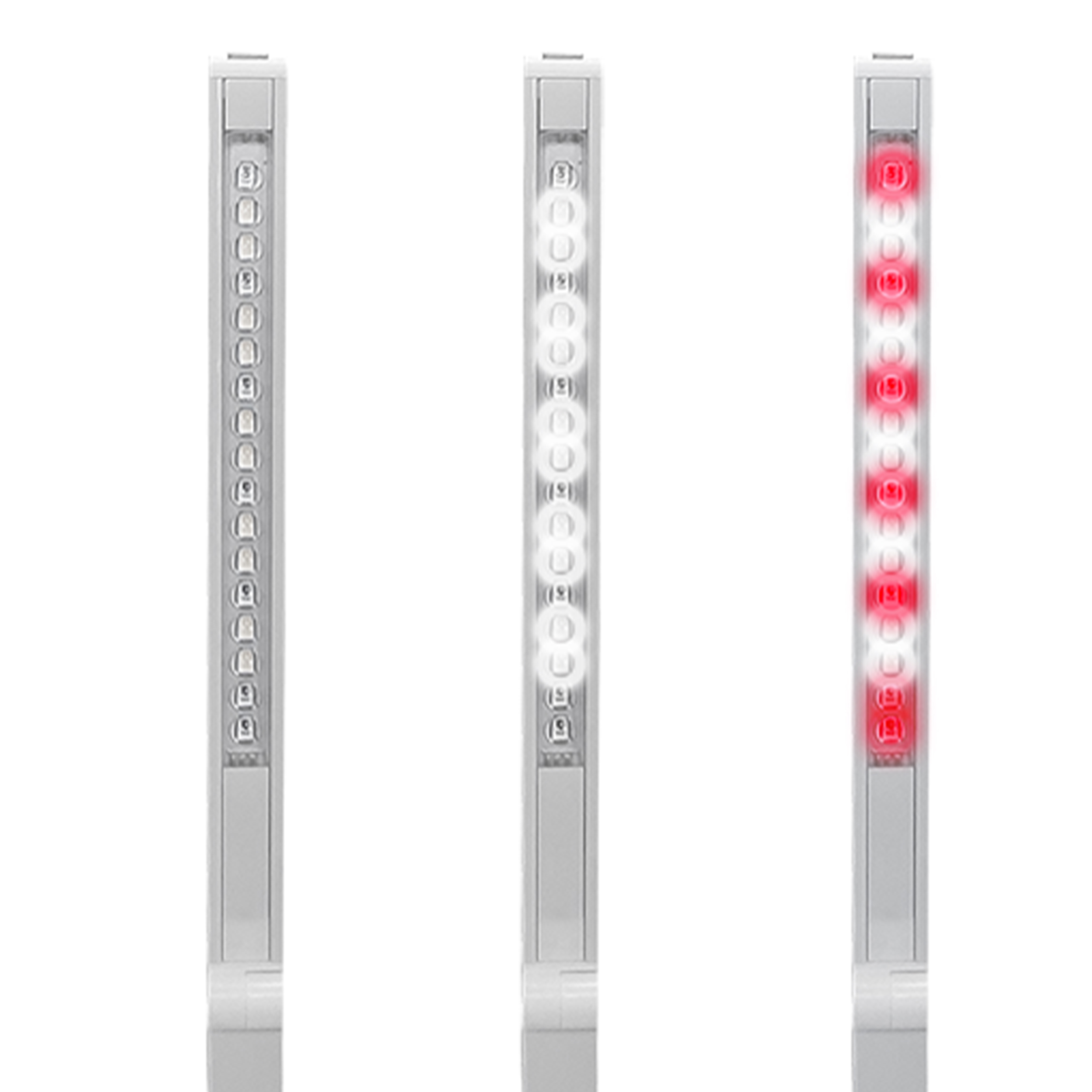 Trzy wąskie białe lampy LED obok siebie. Jedna wyłączona, jedna biała, jedna czerwona.